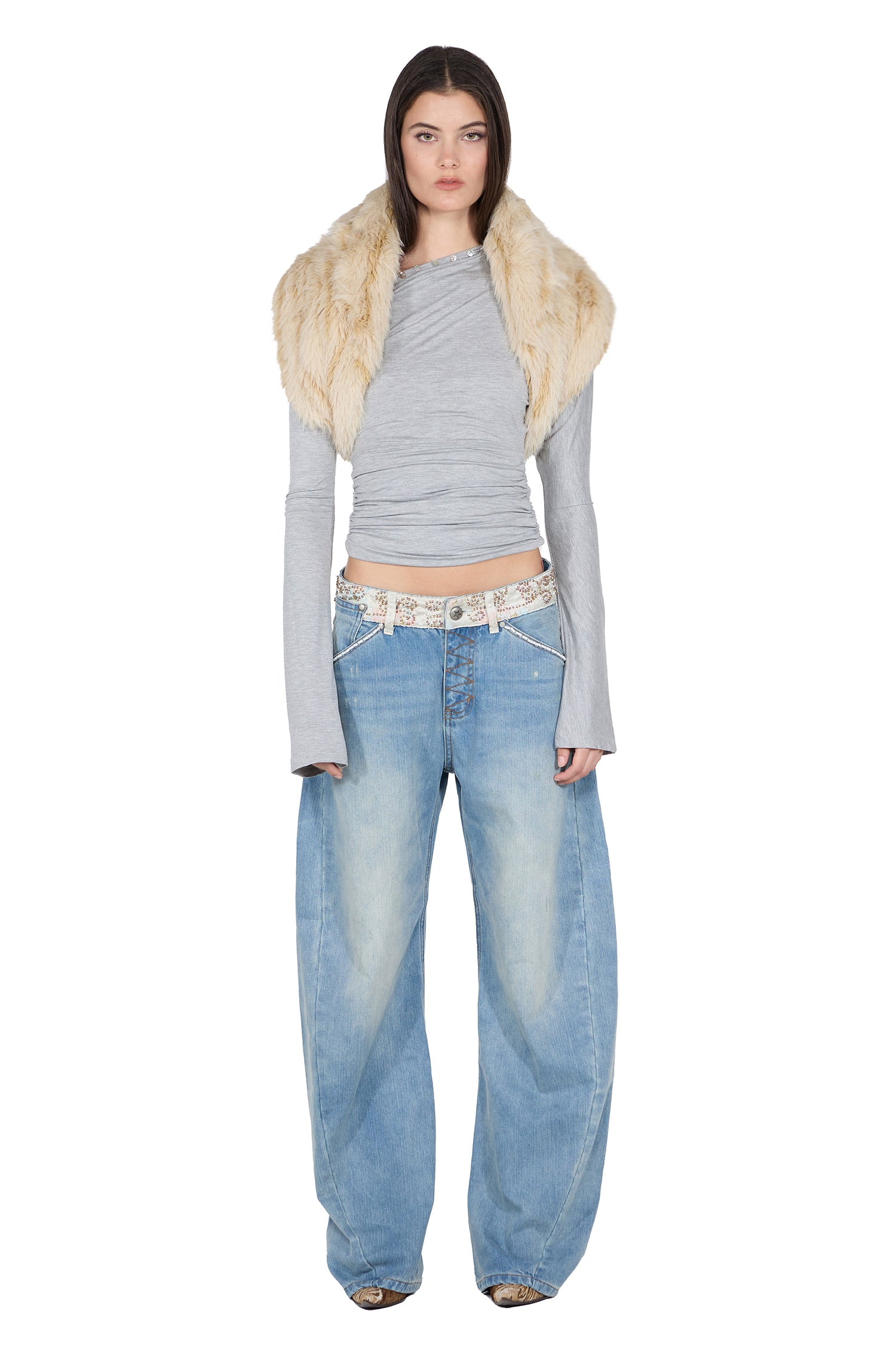 Shell Button Sleeve Top Melange Gray