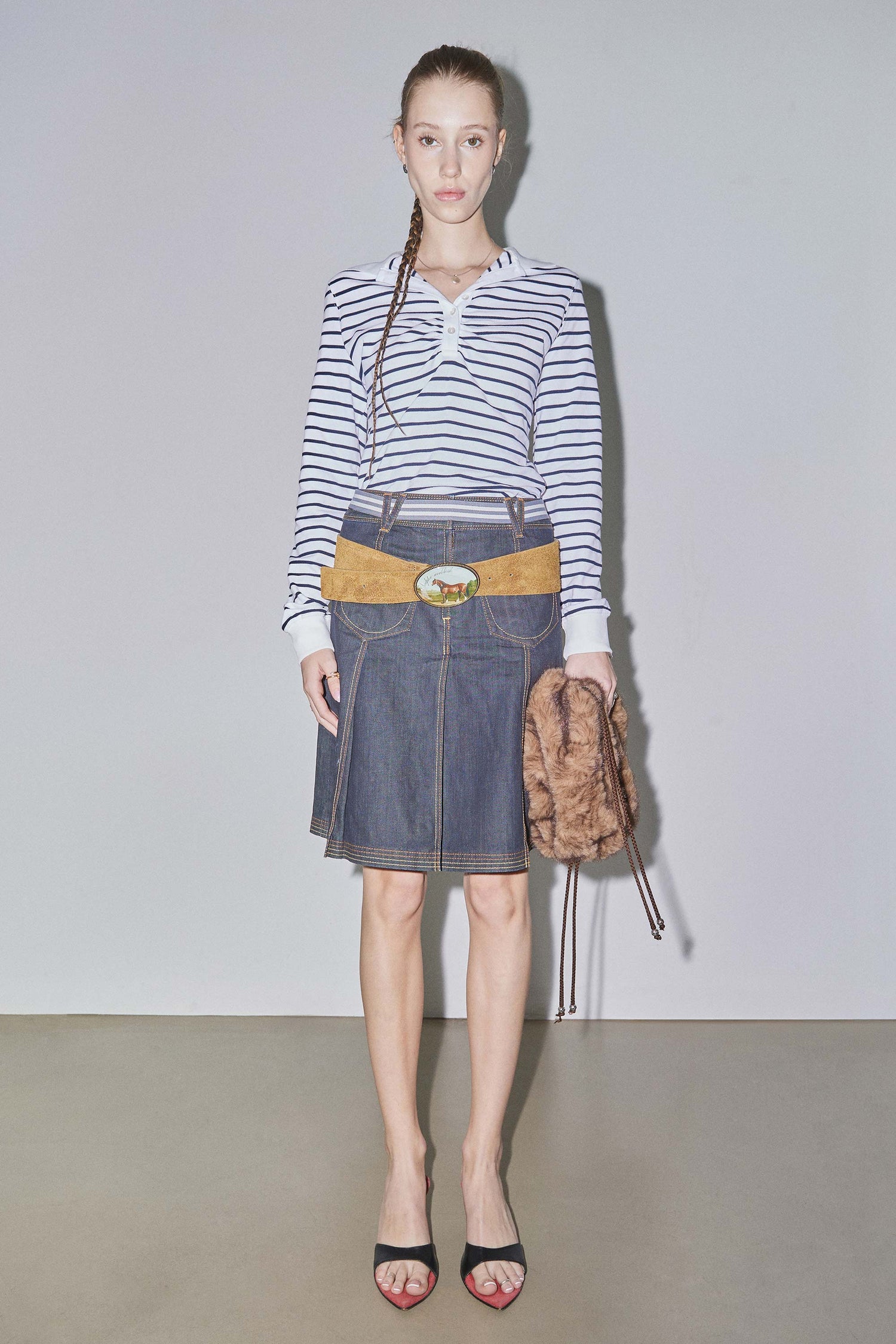 Shirring Tennis Shirt White/Navy Stripe