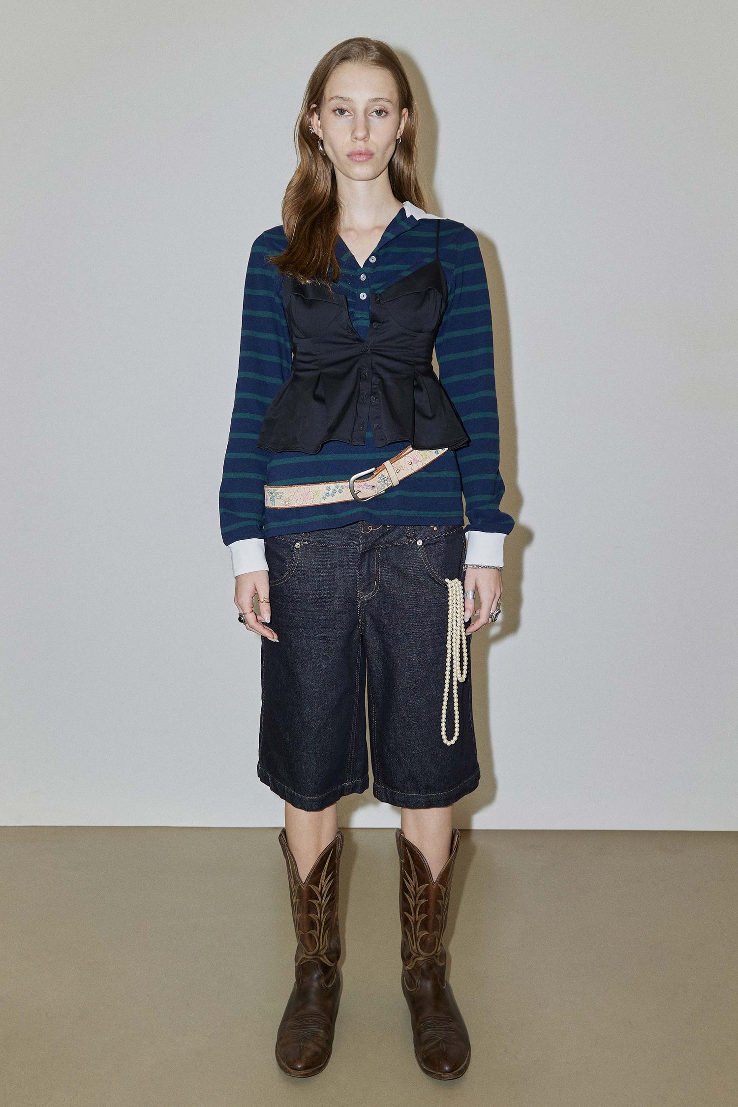 Shirring Tennis Shirt Navy/Green Stripe