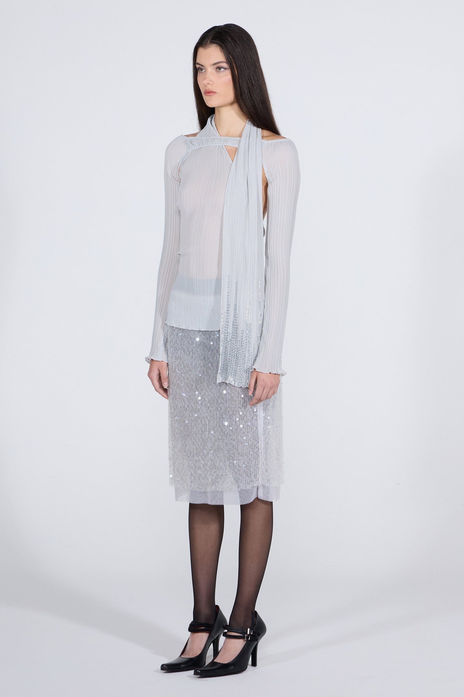 Beaded Scarf Set-Up Top Ice Gray