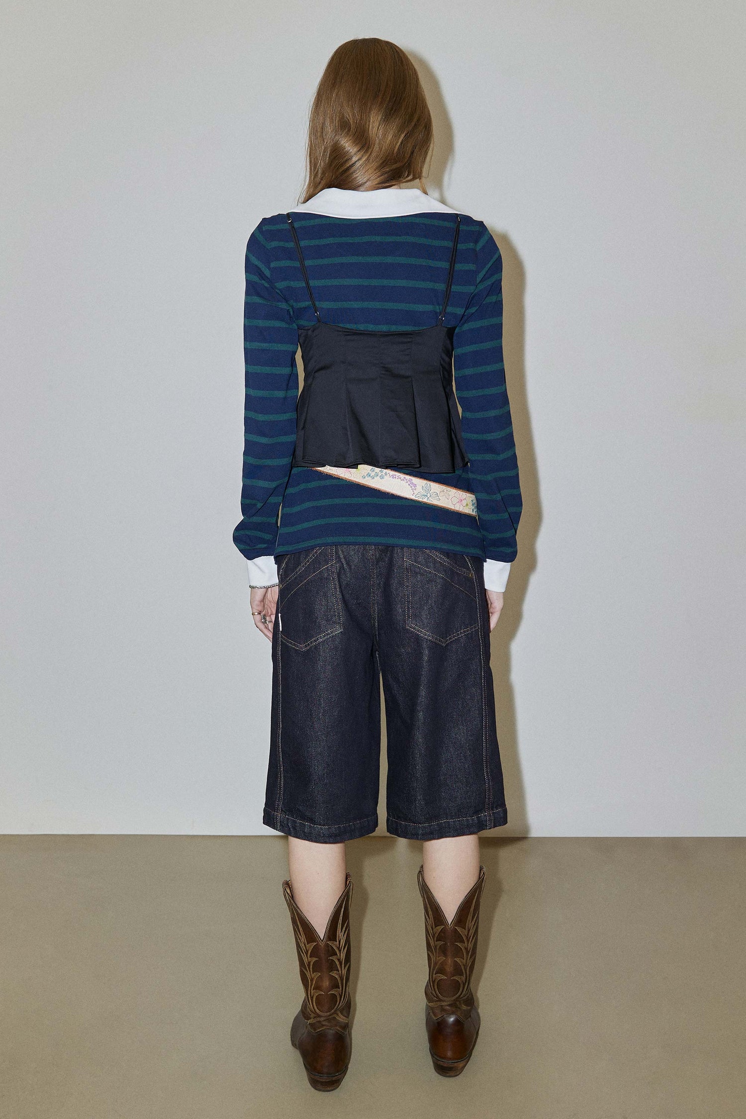 Shirring Tennis Shirt Navy/Green Stripe