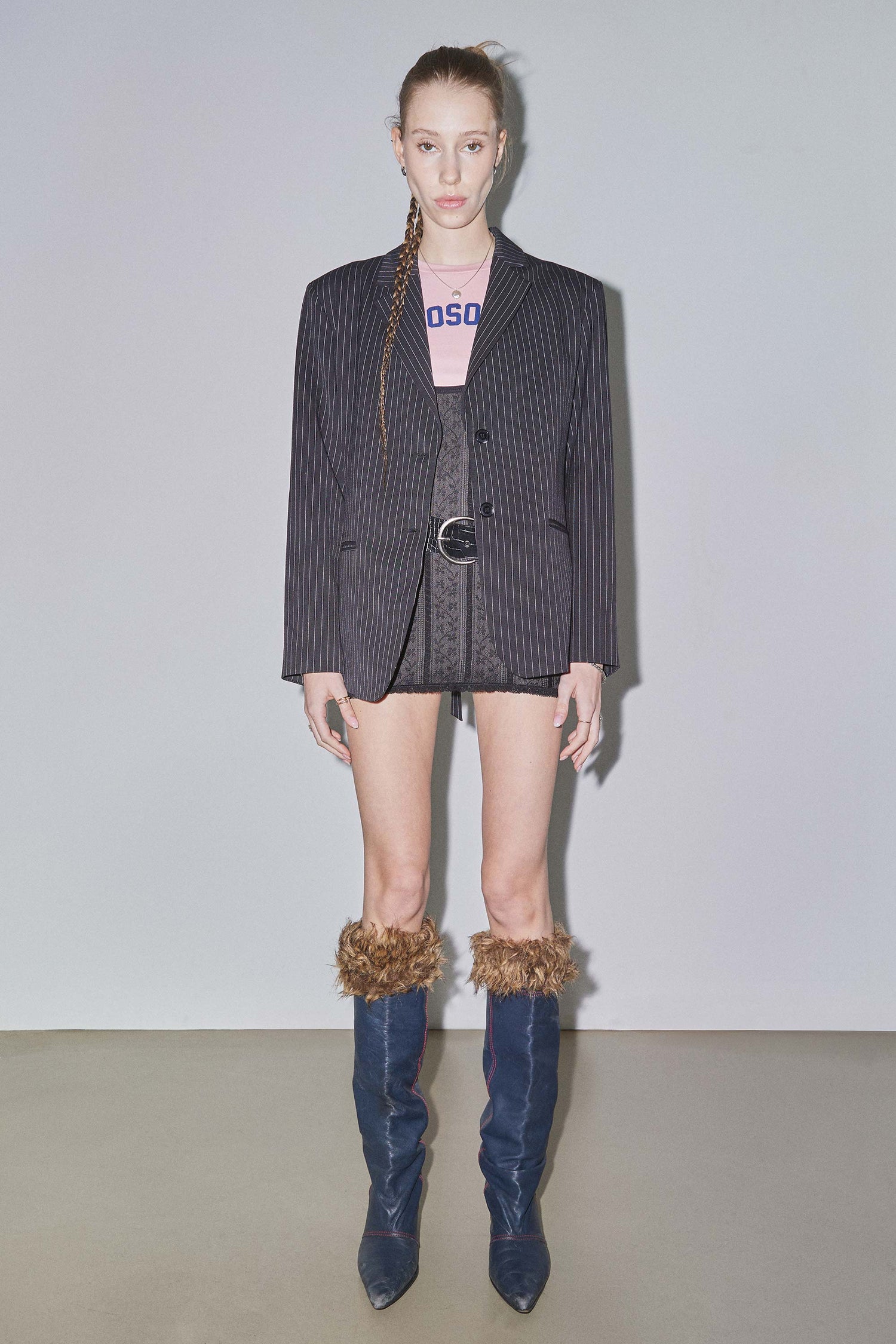 Tailored Belted Blazer Black Pin Stripe