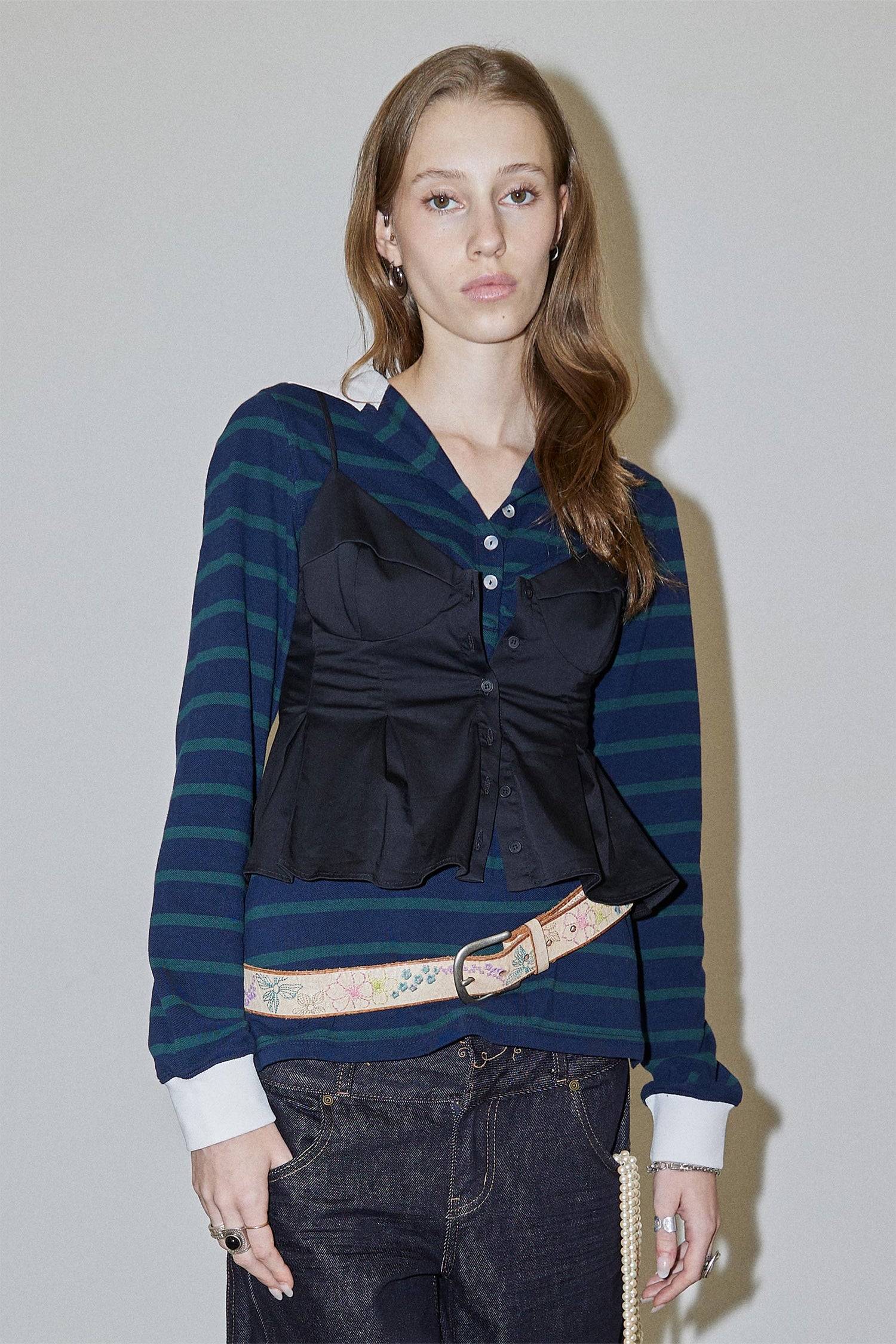 Shirring Tennis Shirt Navy/Green Stripe