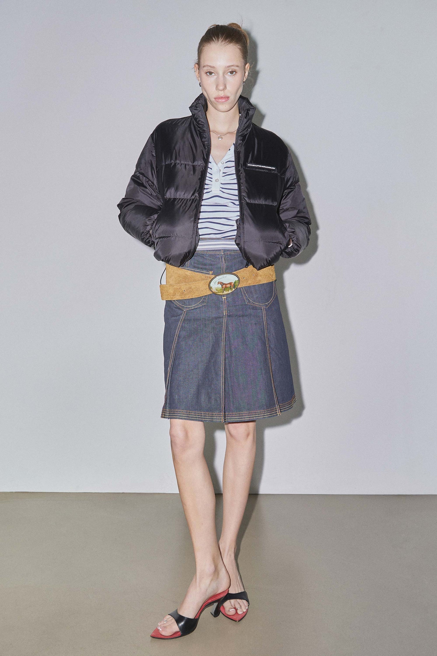 Shirring Tennis Shirt White/Navy Stripe