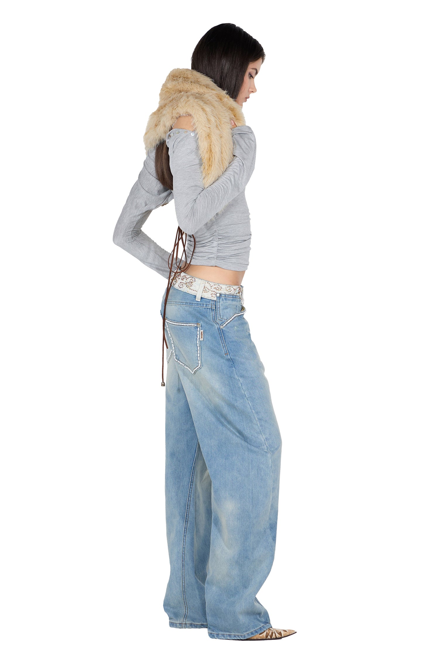 Shell Button Sleeve Top Melange Gray