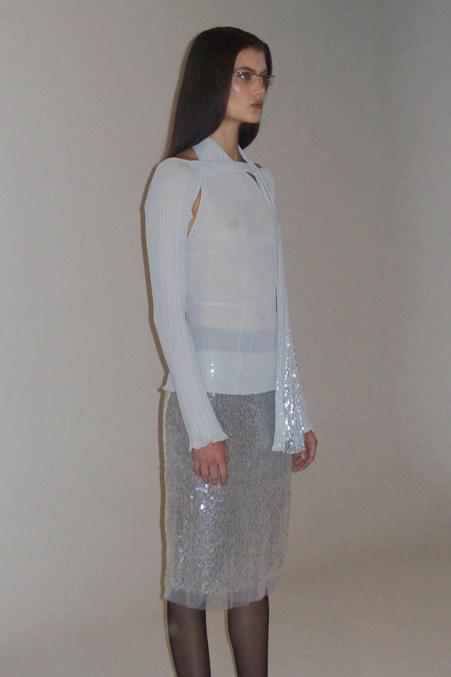 Beaded Scarf Set-Up Top Ice Gray