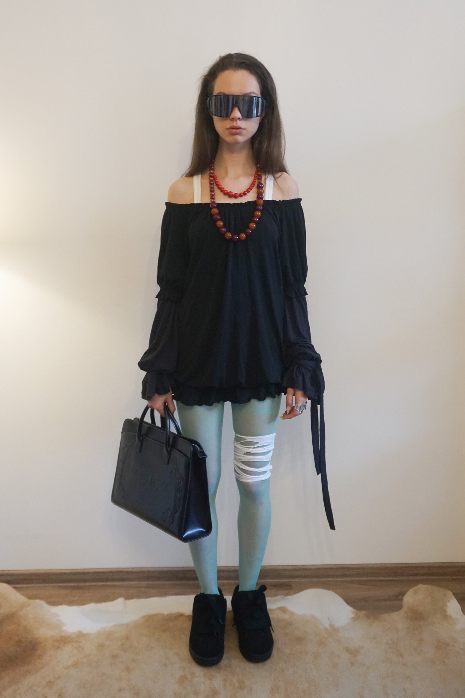 Soft Shirring Layered Tee Black