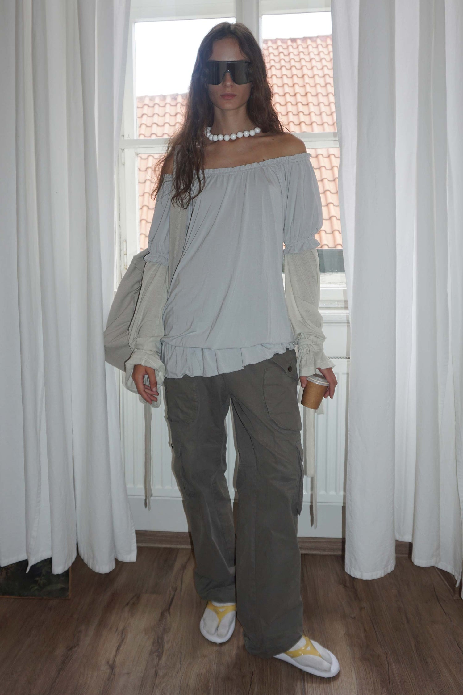 Soft Shirring Layered Tee Pale Gray