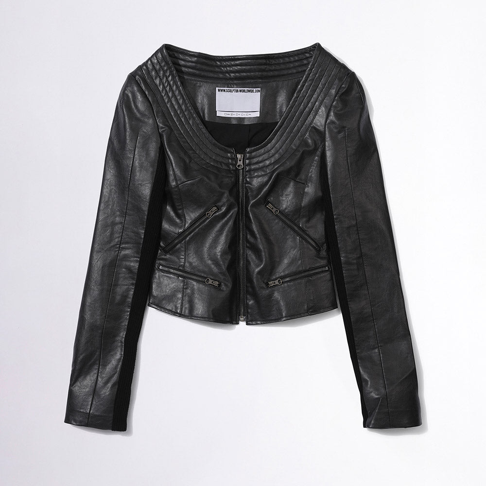 Portrait Neck Faux Leather Jacket Black