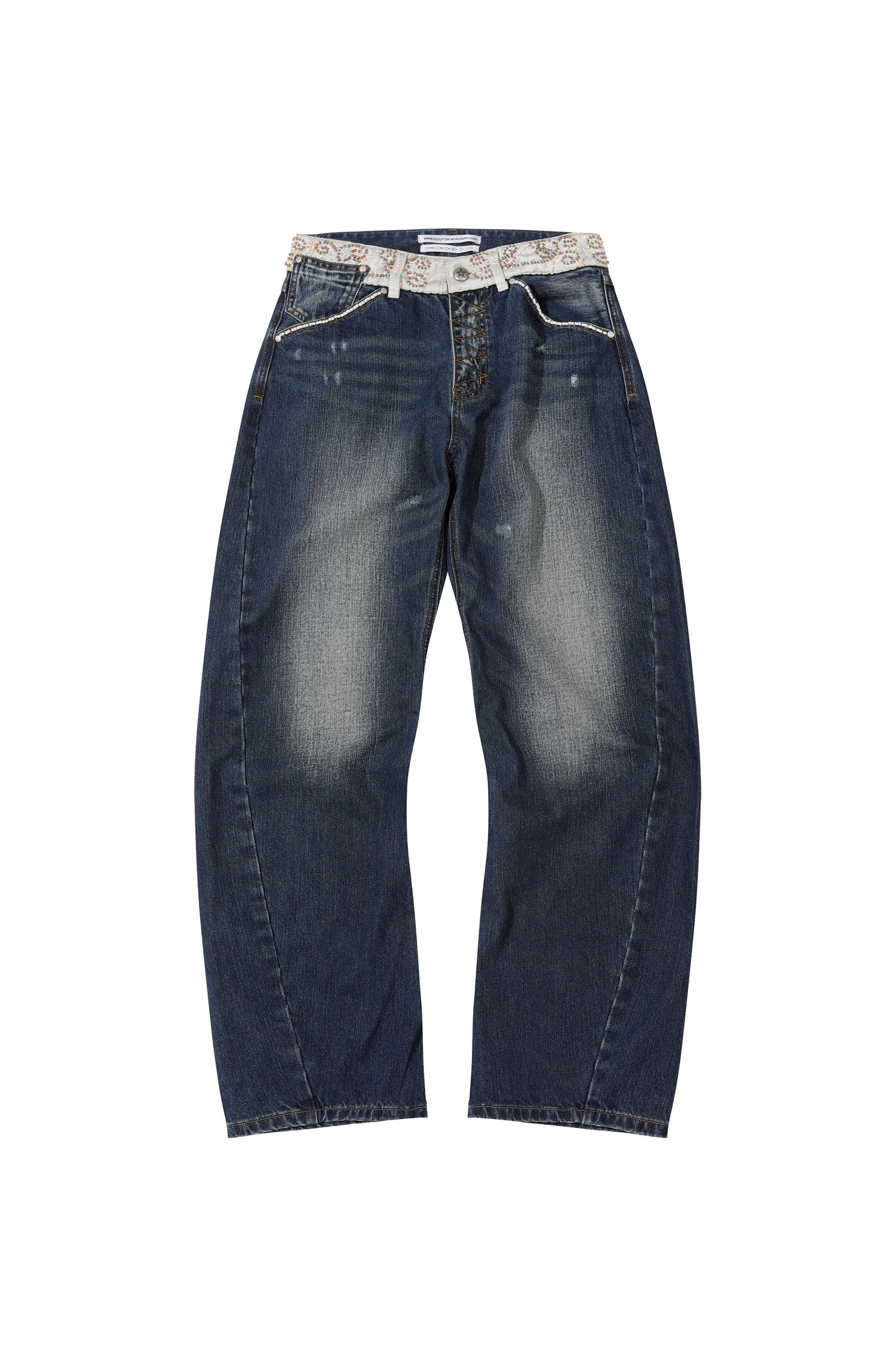 Beaded Waist Denim Pants Indigo Blue