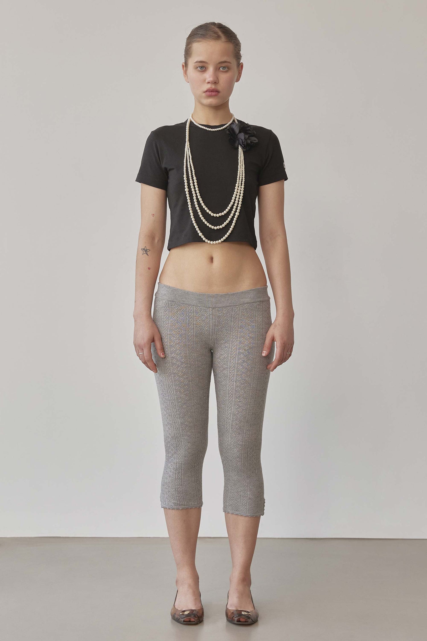 Eyelet Knit Capri Pants Melange Gray