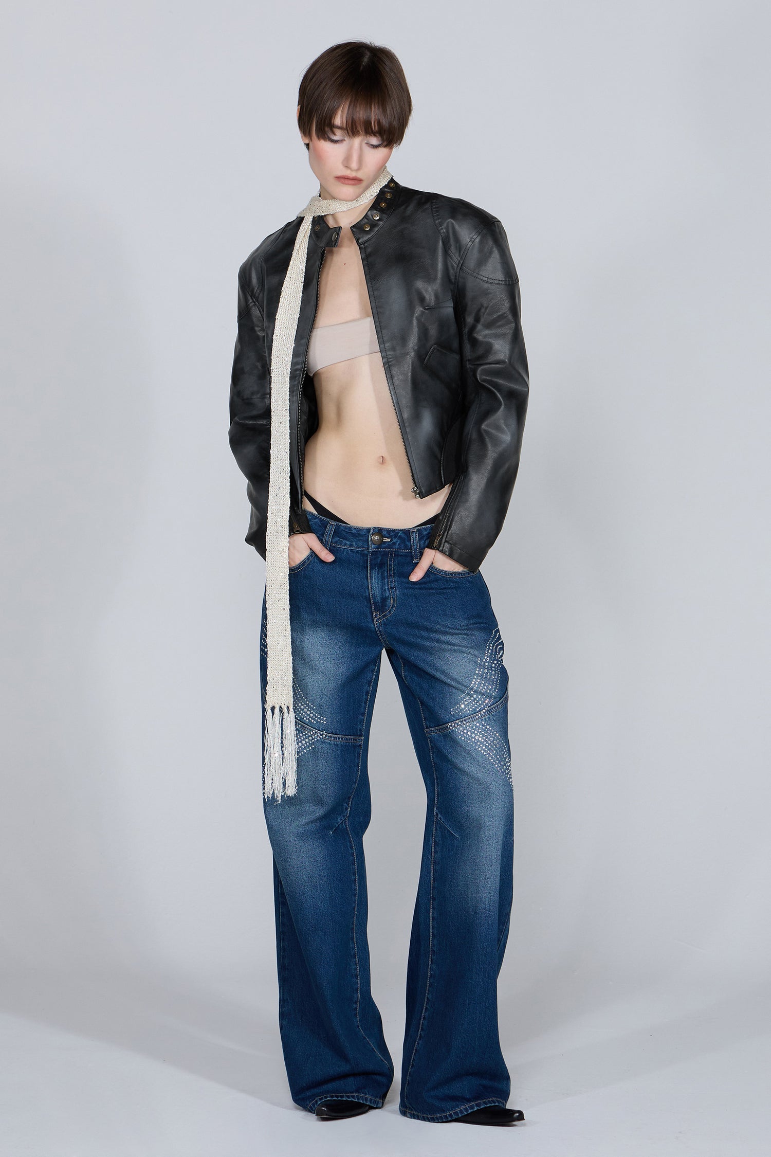 Emboss Faux Leather Bomber Black
