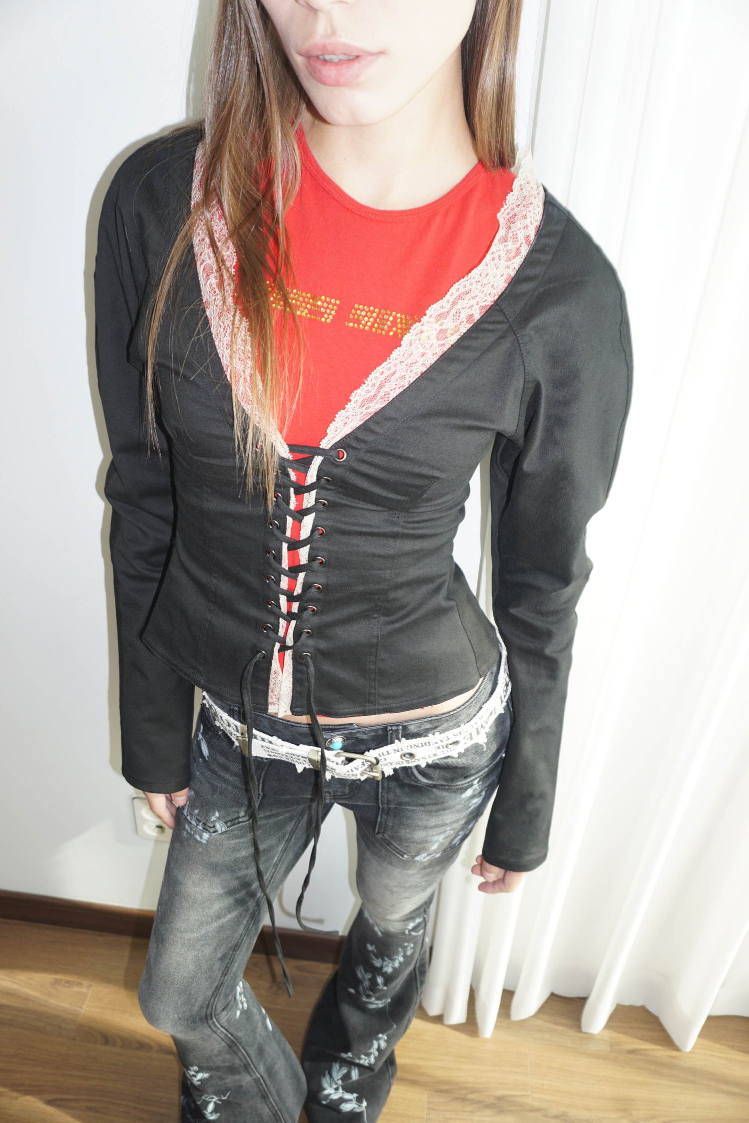 Layered Lace Up Blouse Black