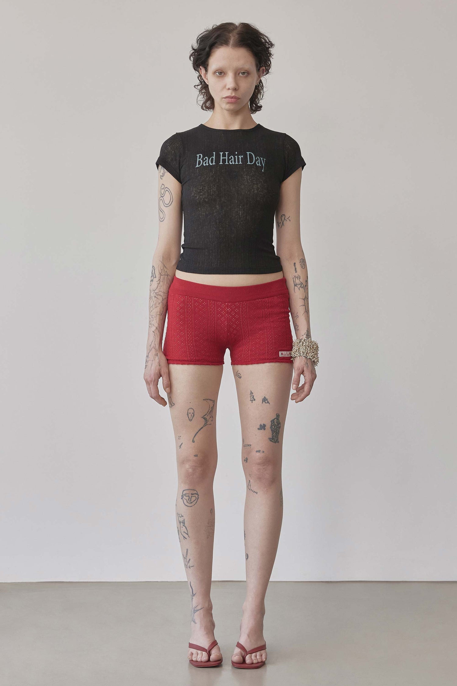 Eyelet Knit Shorts Red