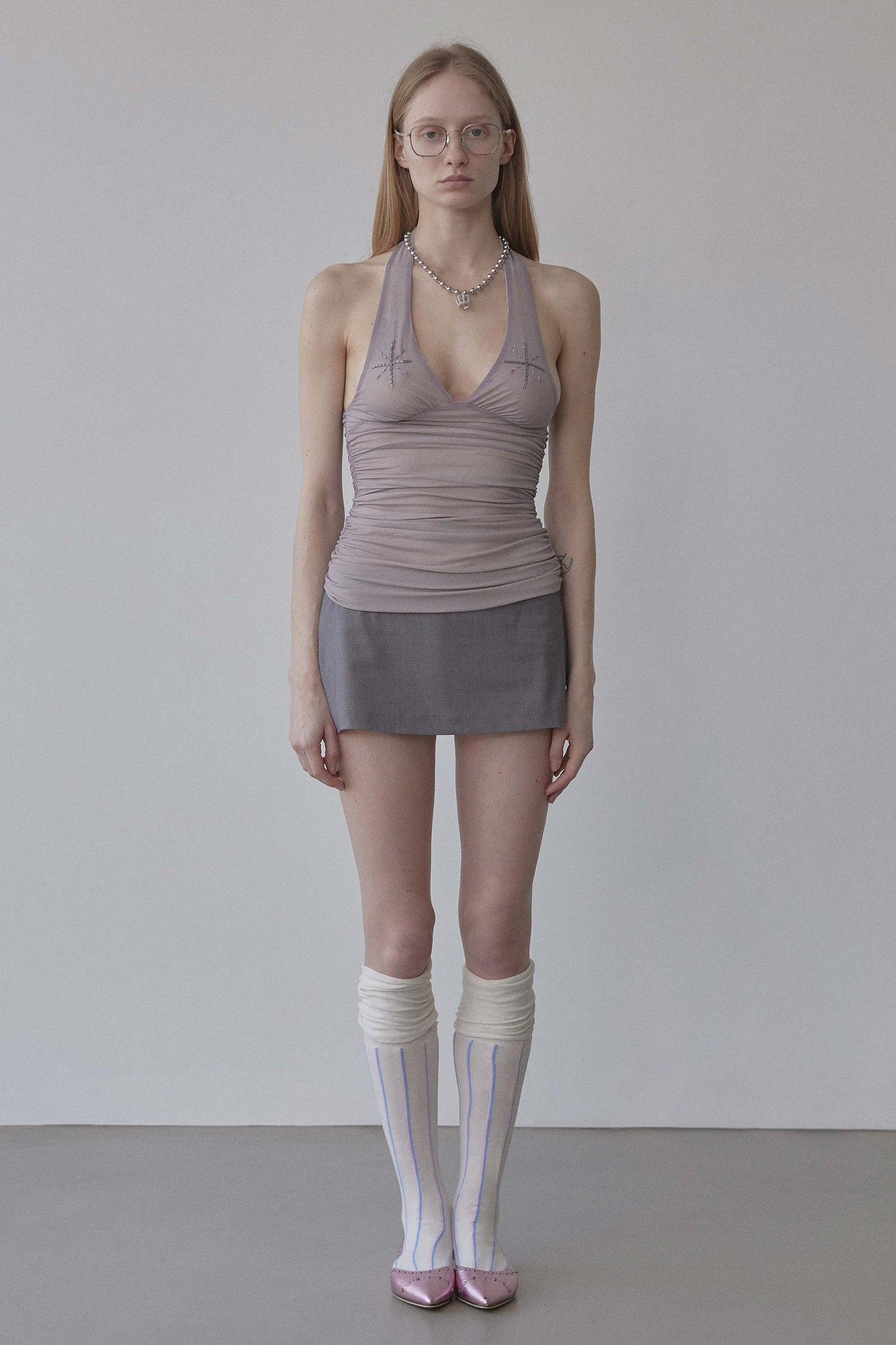 Beaded Mesh Halter Top Pale Purple