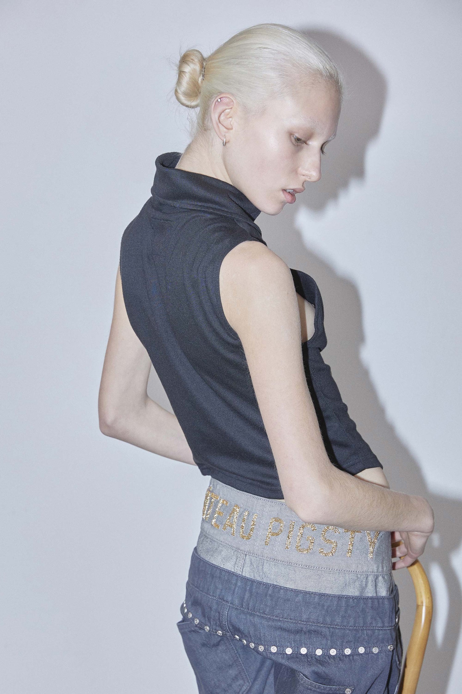 Beaded Layered Denim Pants Nonfade Gray
