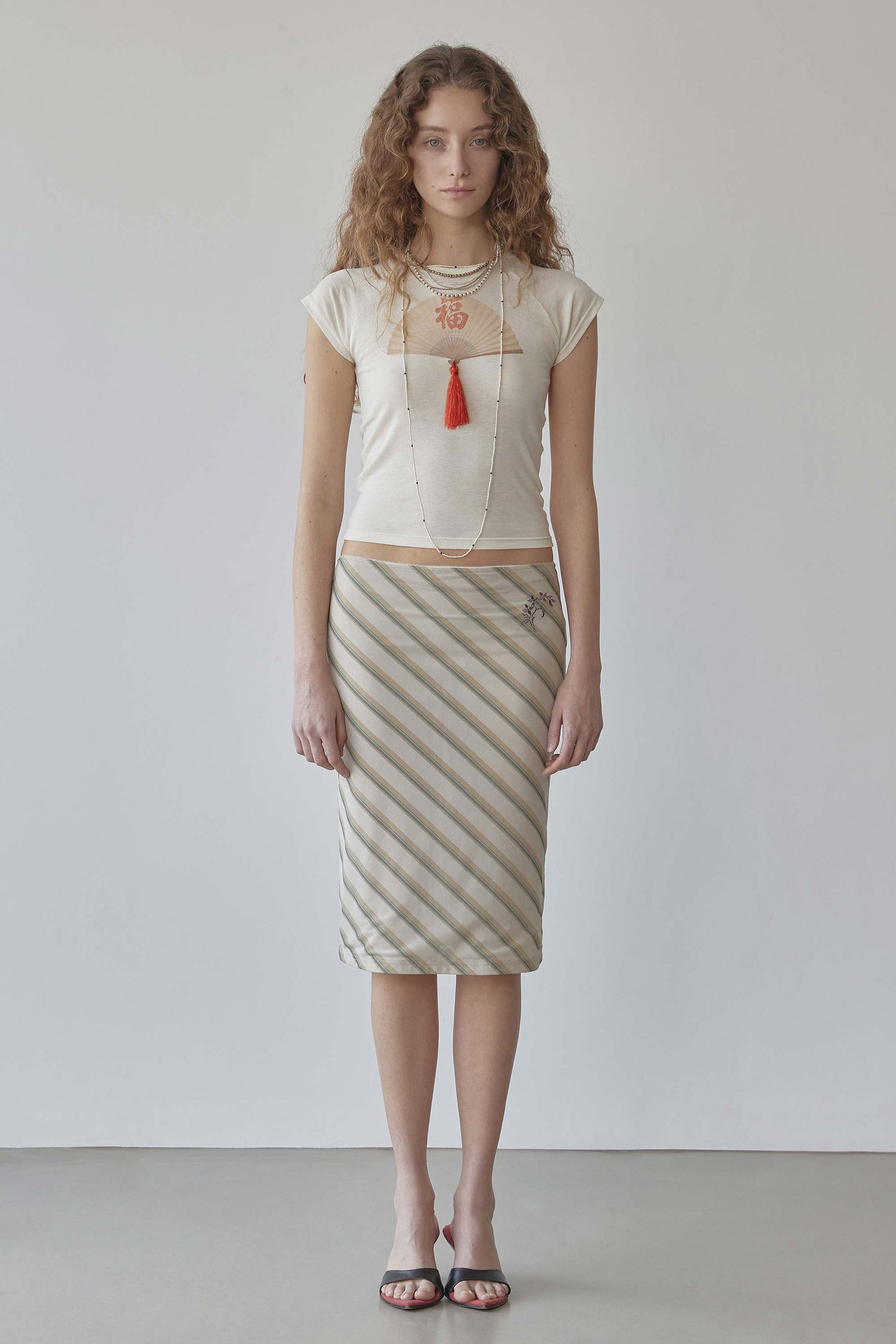 Mesh Stripe Midi Skirt Beige