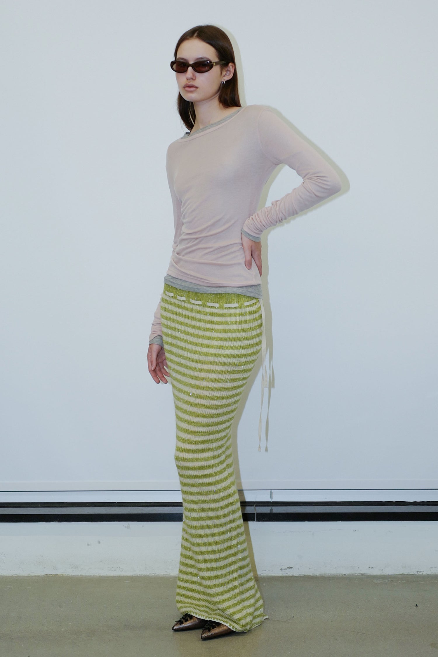 Sequin Maxi Wool Skirt Lime