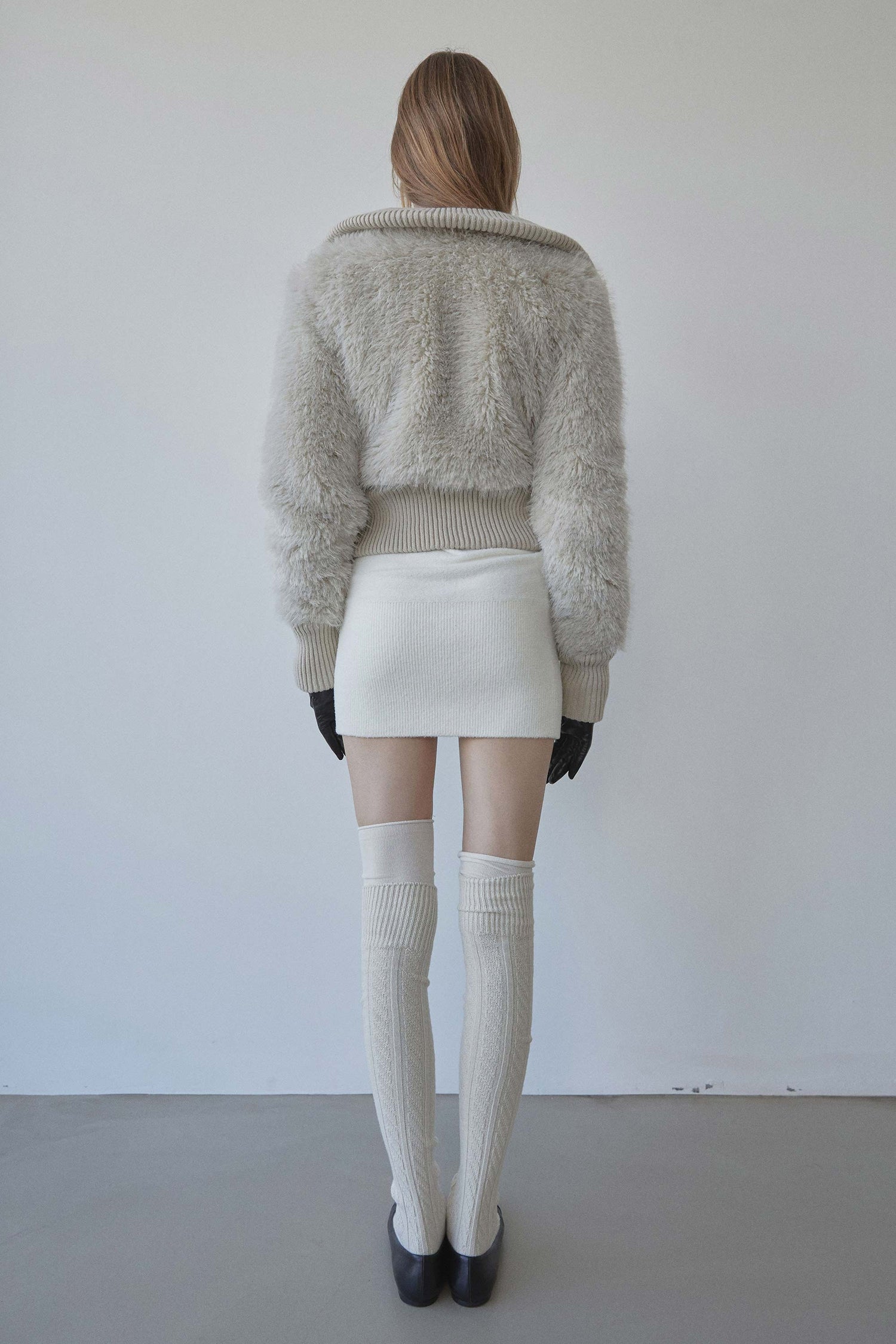 Faux Fur Zip-Up Jacket Pale Gray