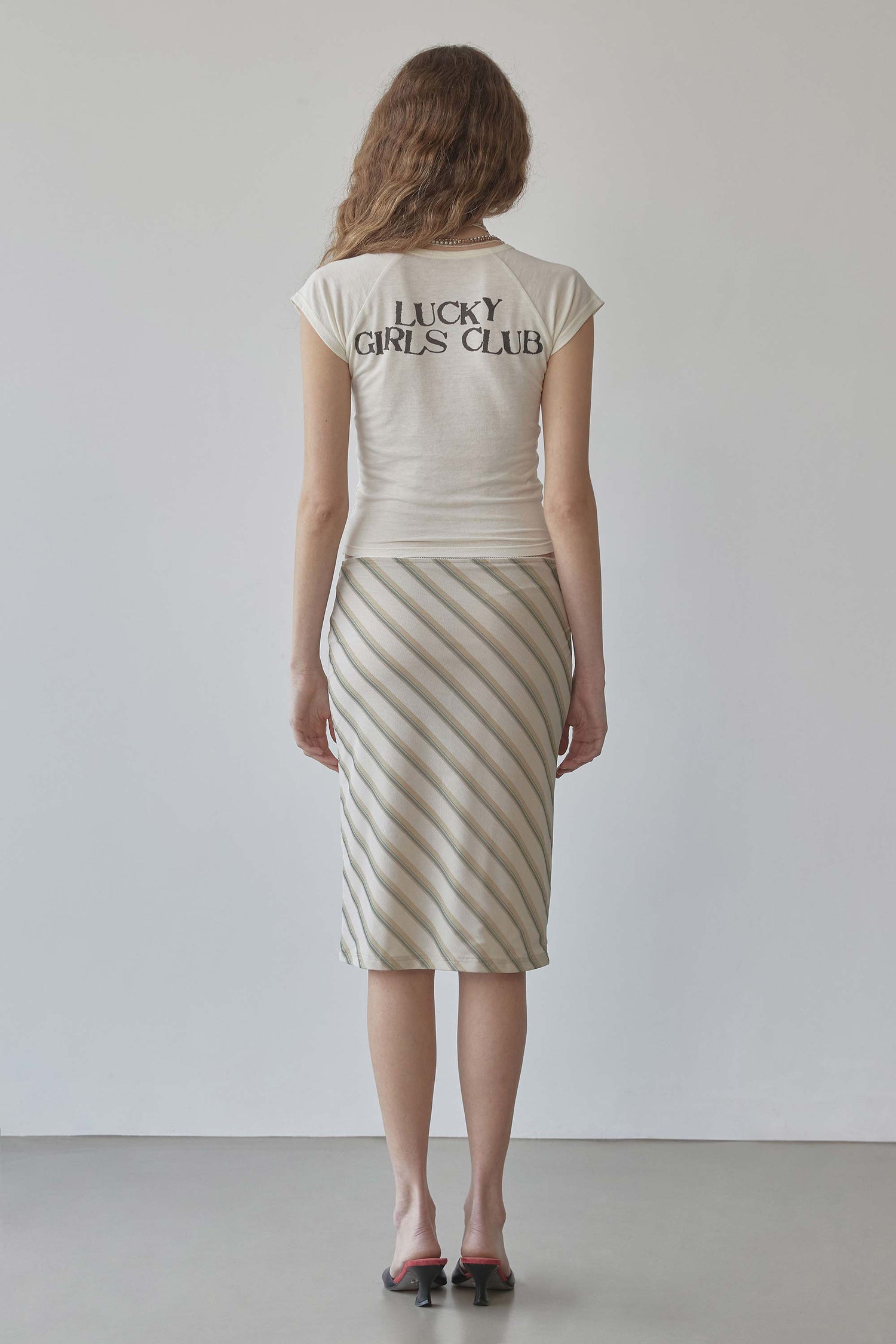 Mesh Stripe Midi Skirt Beige