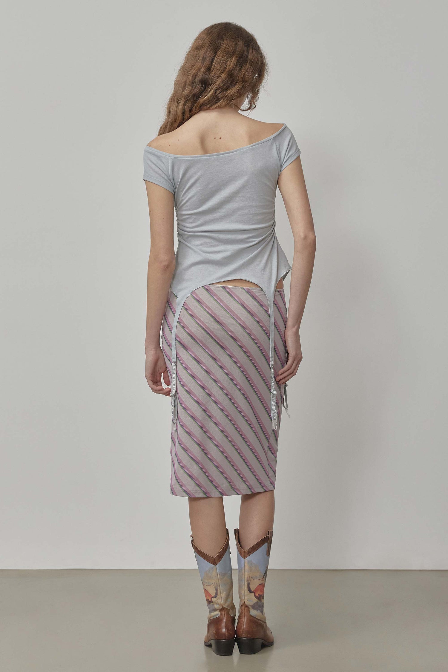Mesh Stripe Midi Skirt Baby Pink