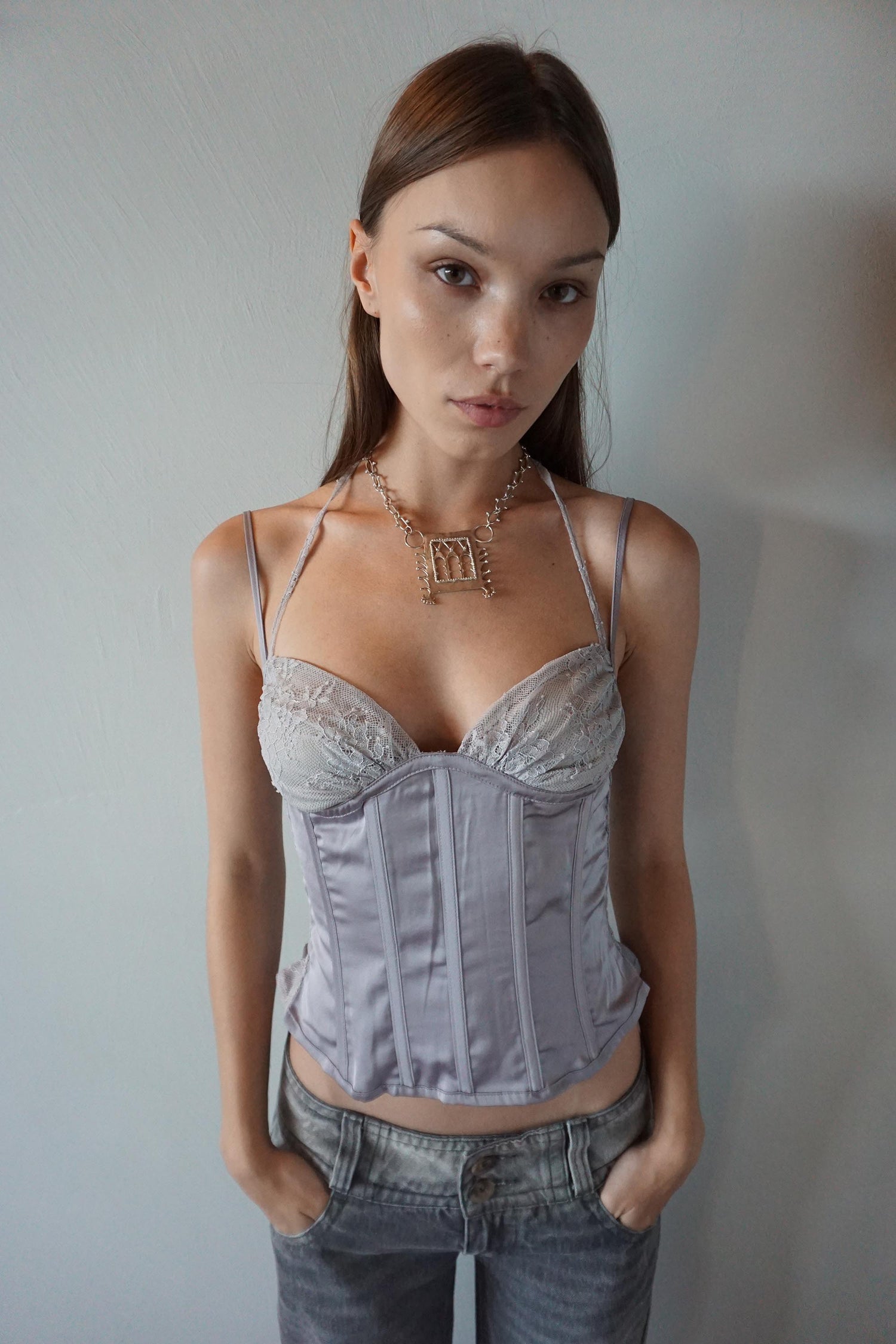 90s Glossy Corset Top Gray