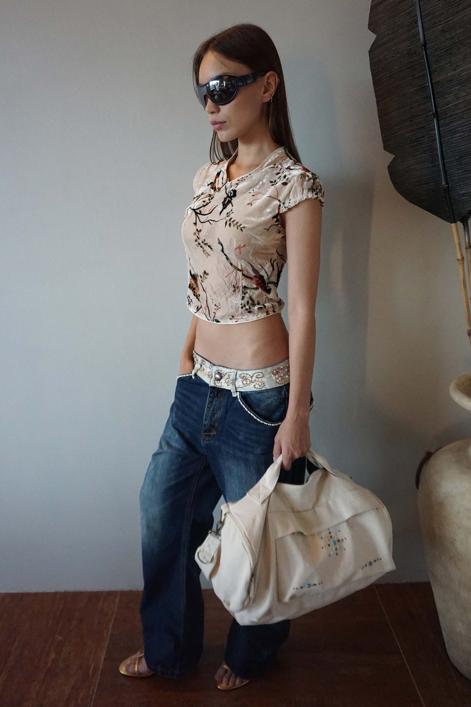 Beaded Waist Denim Pants Indigo Blue