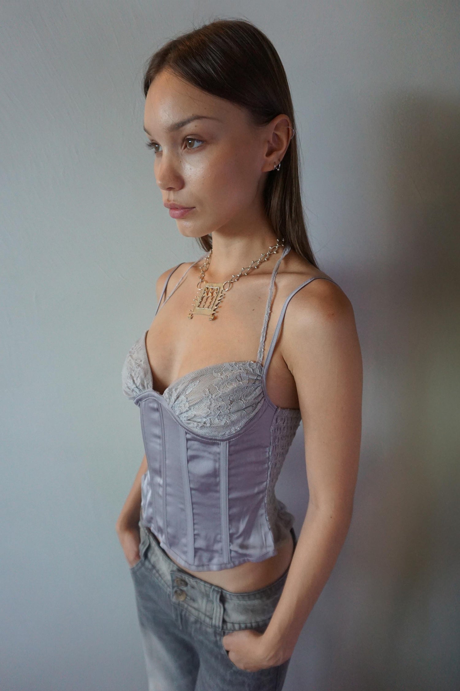 90s Glossy Corset Top Gray
