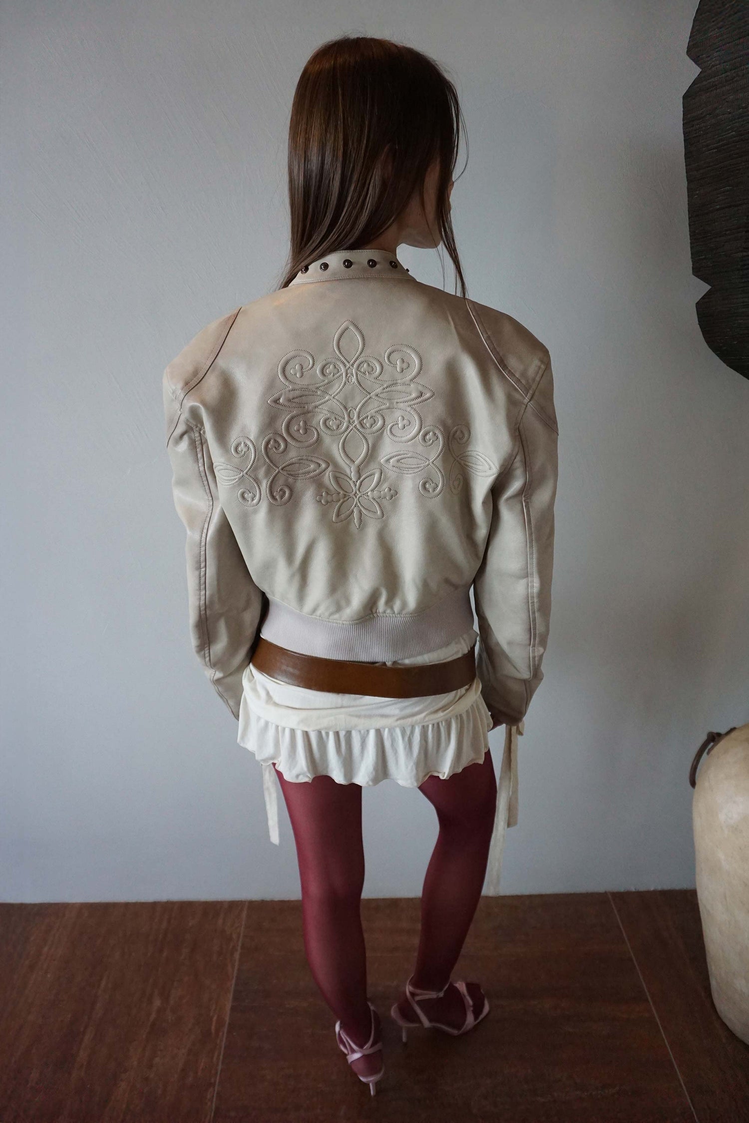 Emboss Faux Leather Bomber Ivory