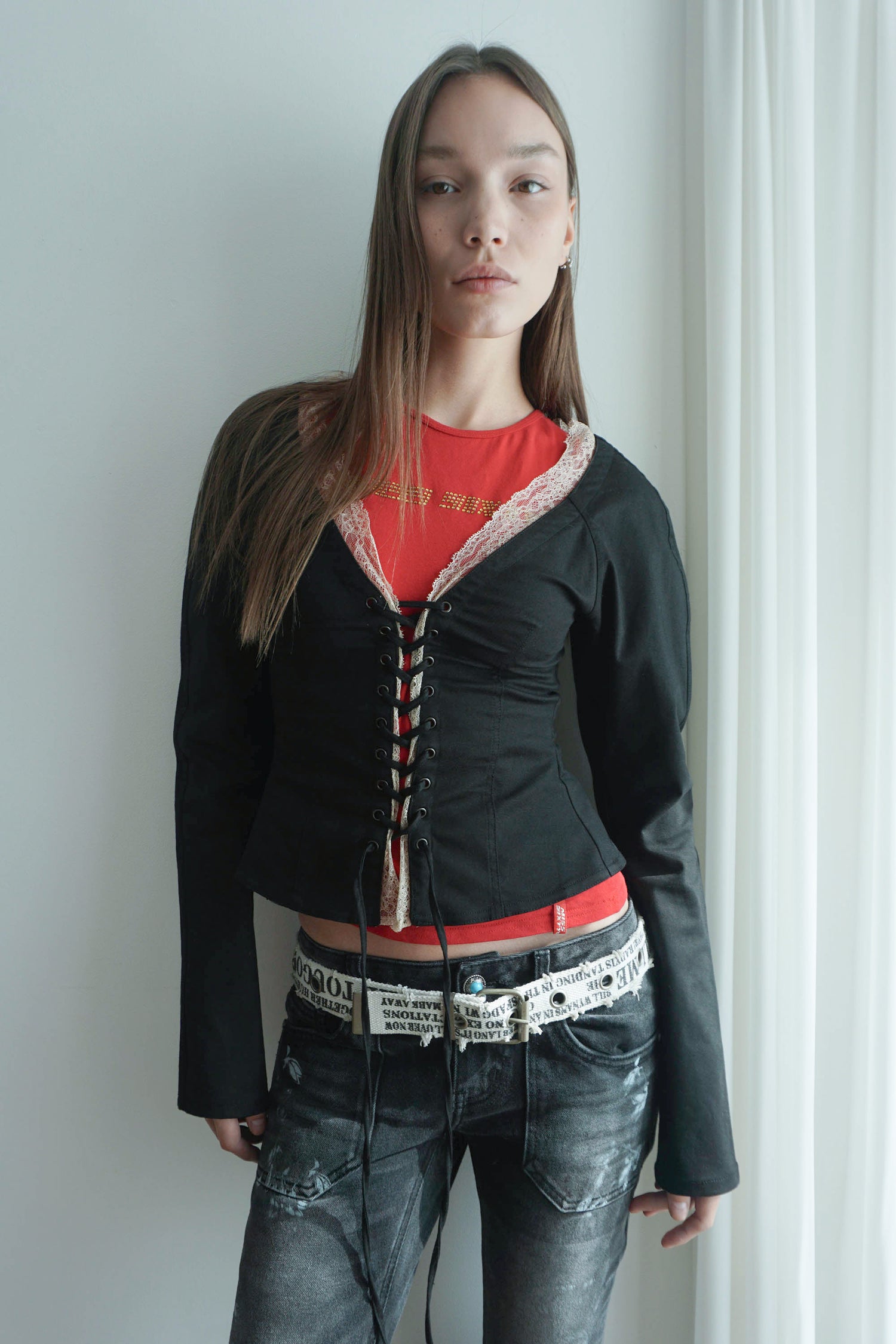 Layered Lace Up Blouse Black