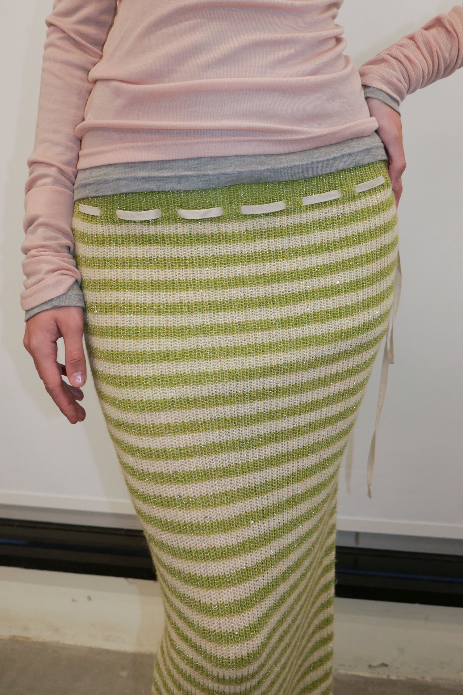 Sequin Maxi Wool Skirt Lime
