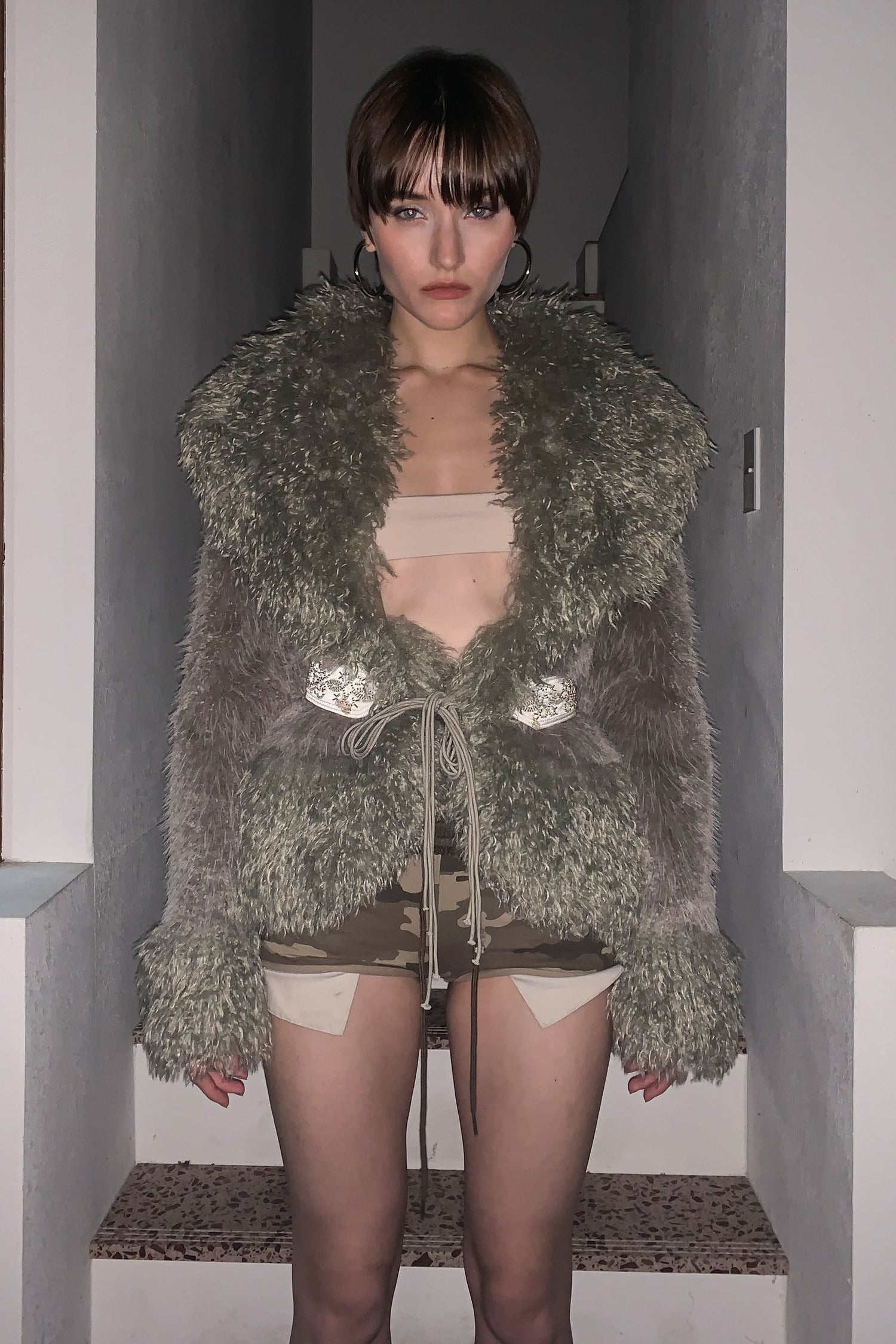 Beaded Faux Fur Robe Sage/Gray