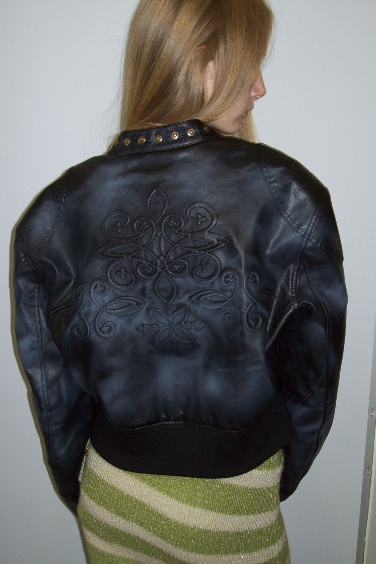 Emboss Faux Leather Bomber Black