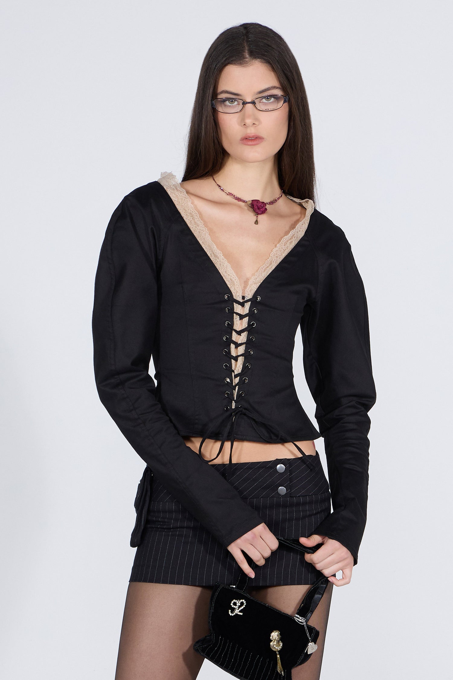 Layered Lace Up Blouse Black