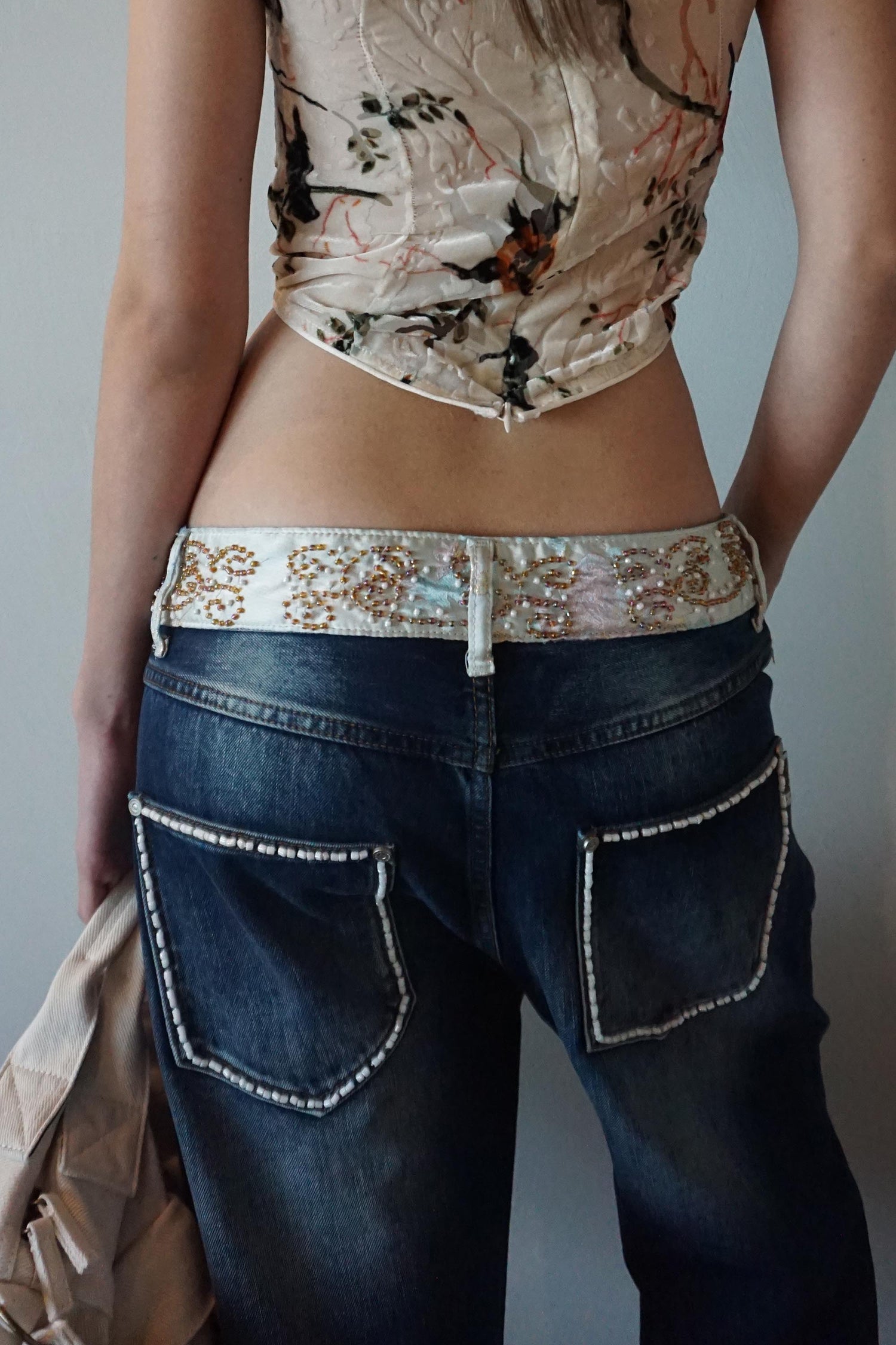 Beaded Waist Denim Pants Indigo Blue