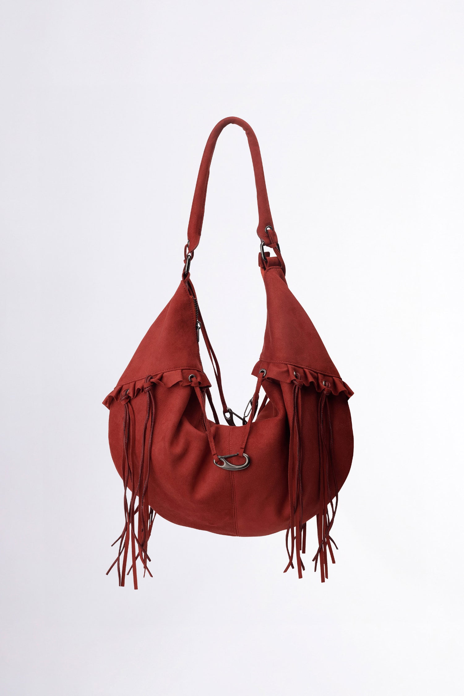 Faux Suede String Hobo Bag Brick Red