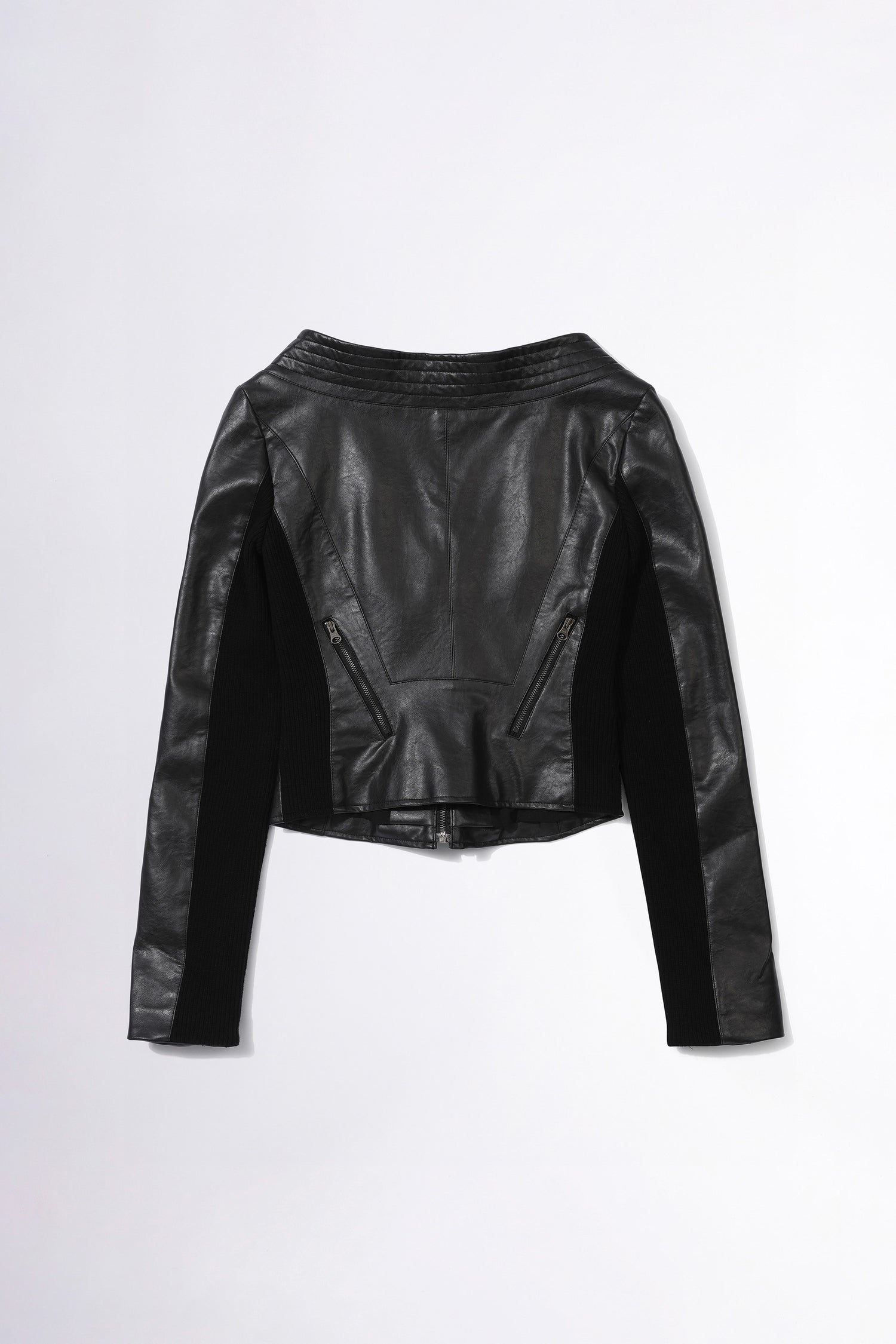 Portrait Neck Faux Leather Jacket Black