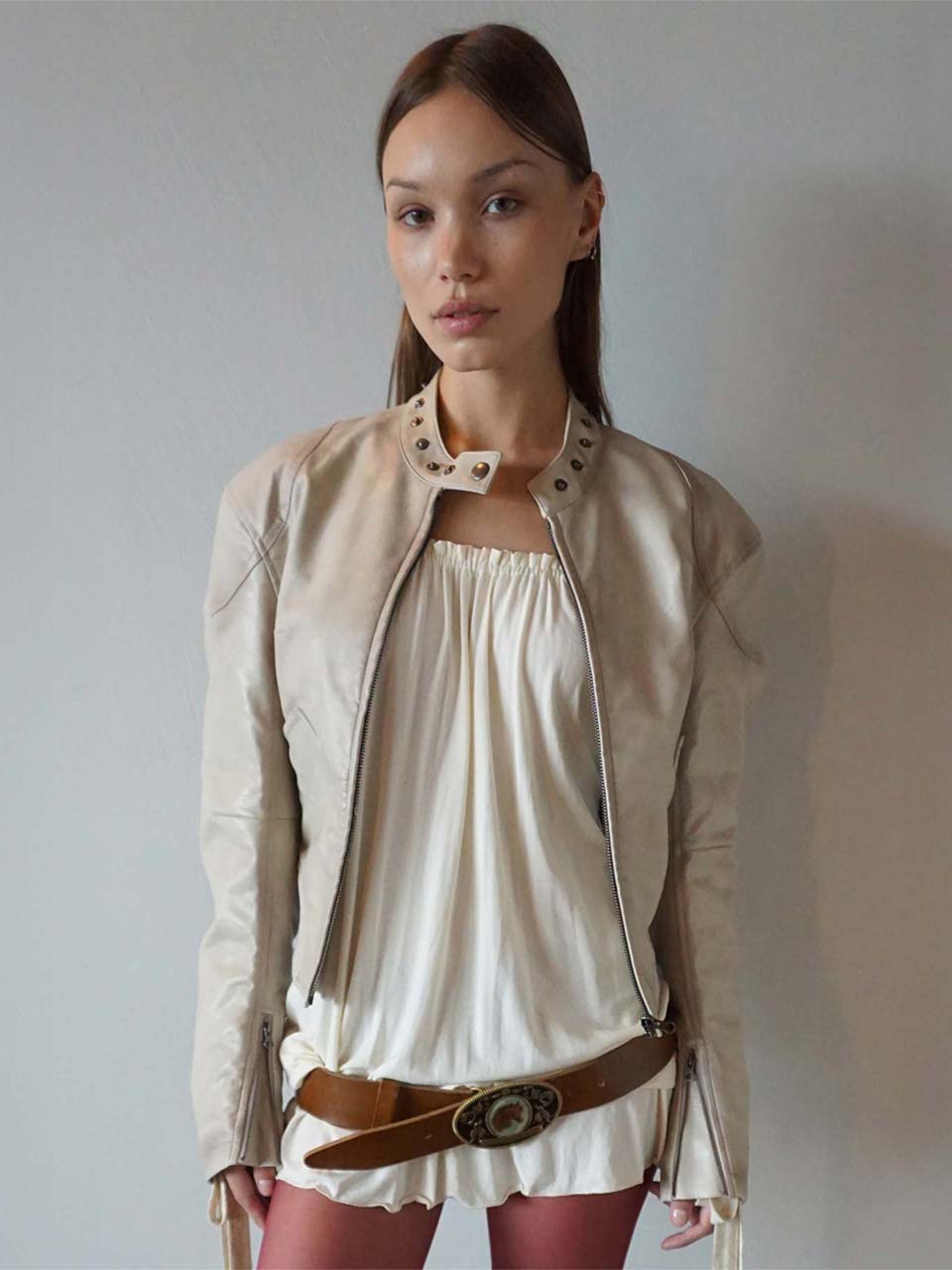 Emboss Faux Leather Bomber Ivory – Sculptor