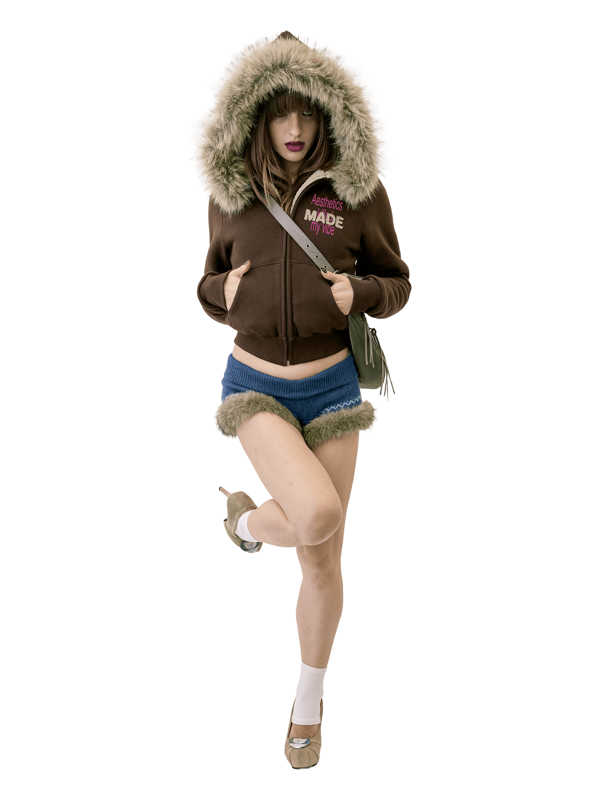 Applique Teddy Hooded Zip-Up Brown