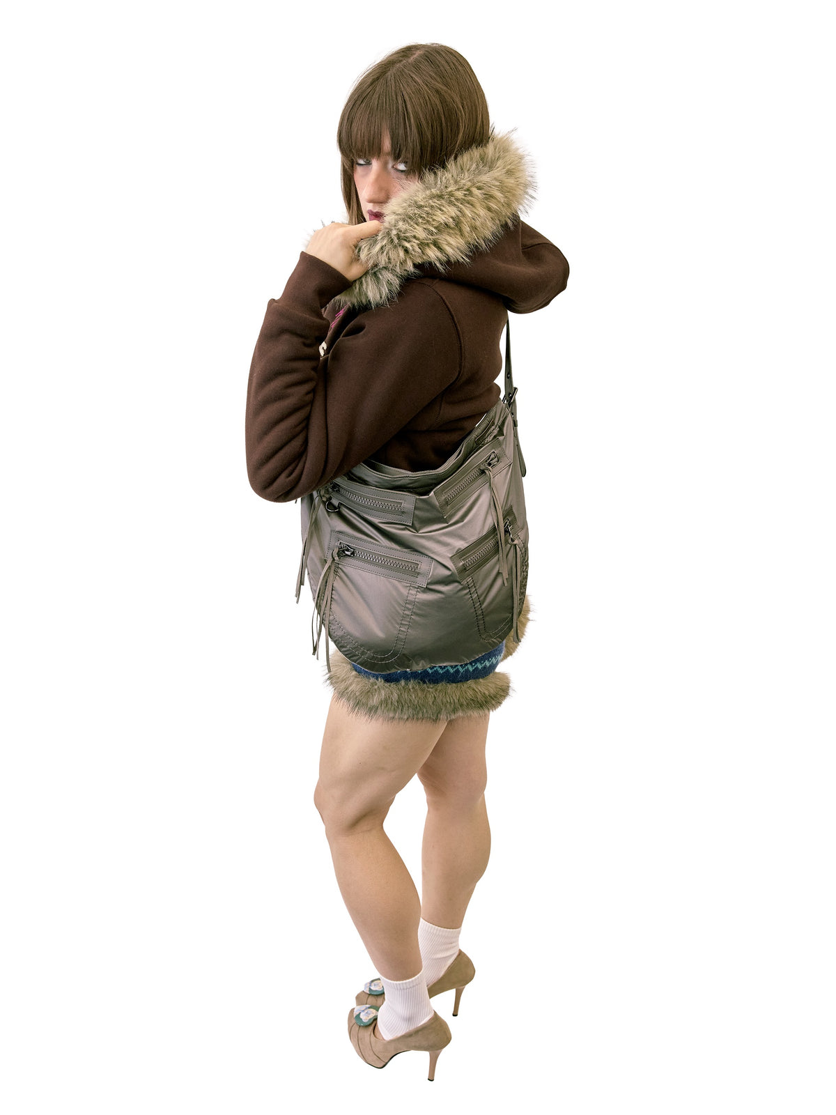 Applique Teddy Hooded Zip-Up Brown