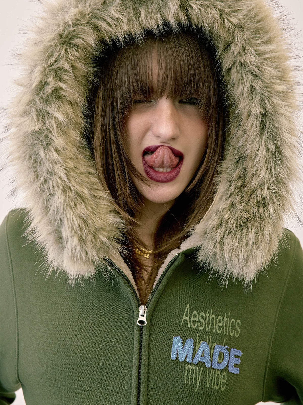 Applique Teddy Hooded Zip-Up Khaki