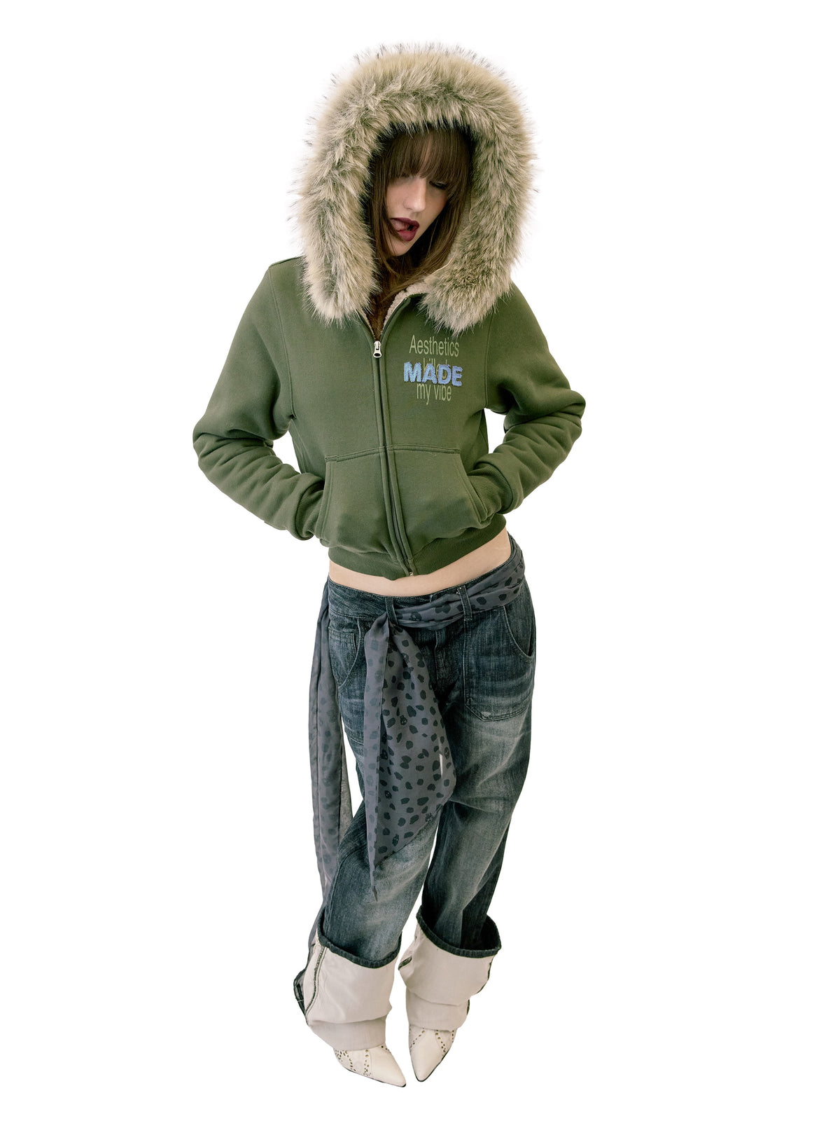 Applique Teddy Hooded Zip-Up Khaki