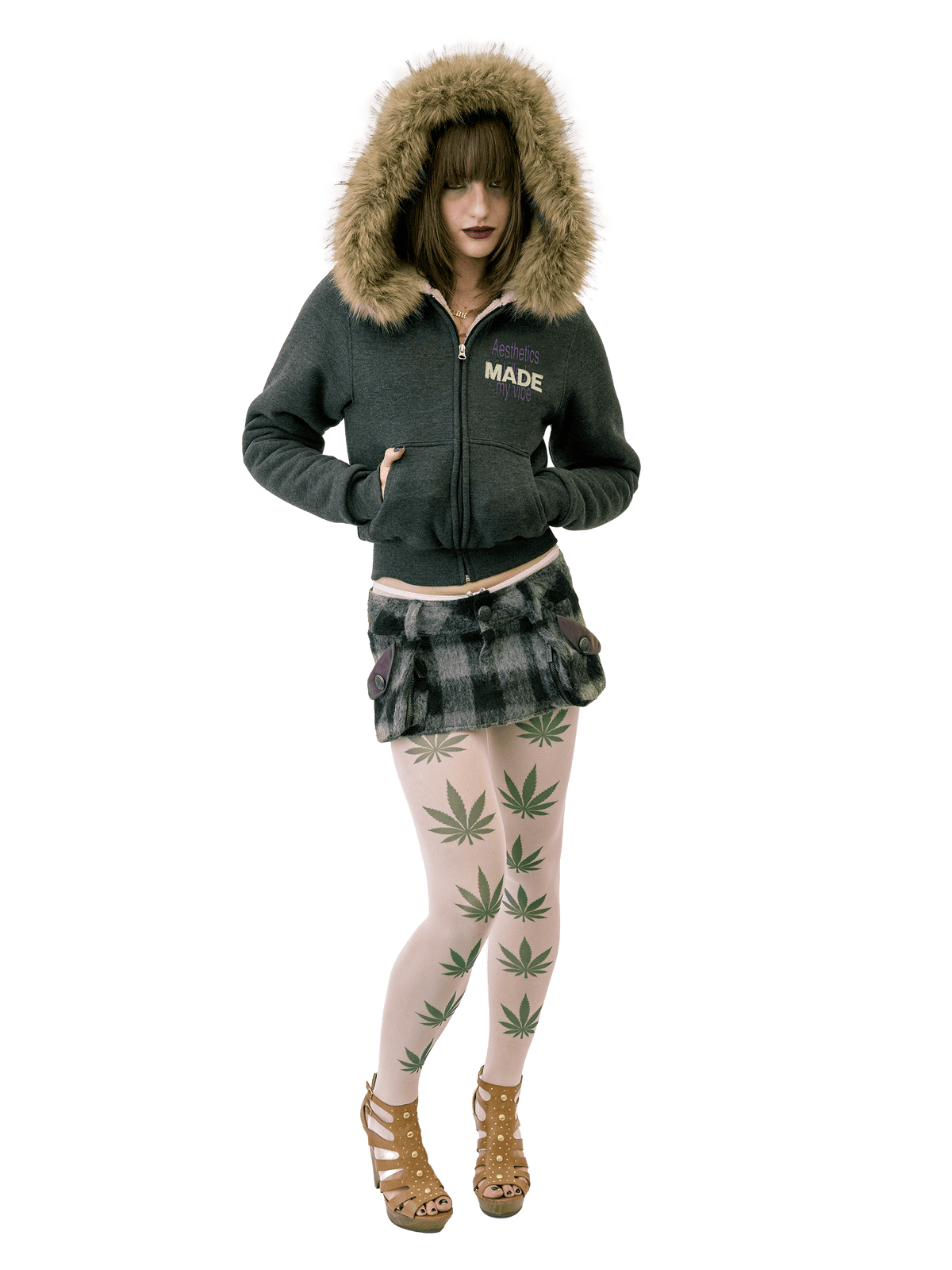 Applique Teddy Hooded Zip-Up Melange Charcoal