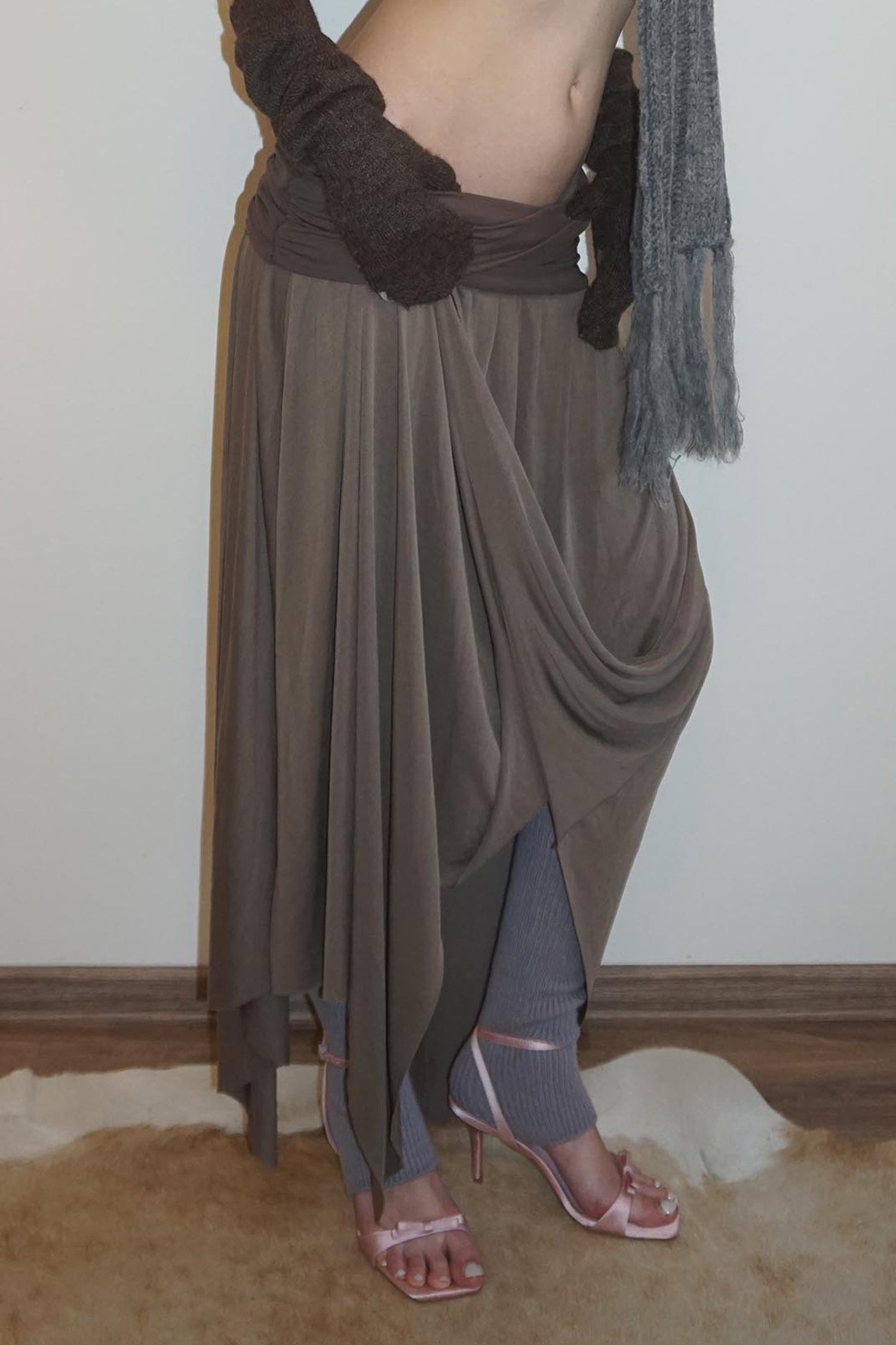 Draping Unbalance Skirt Ash Brown