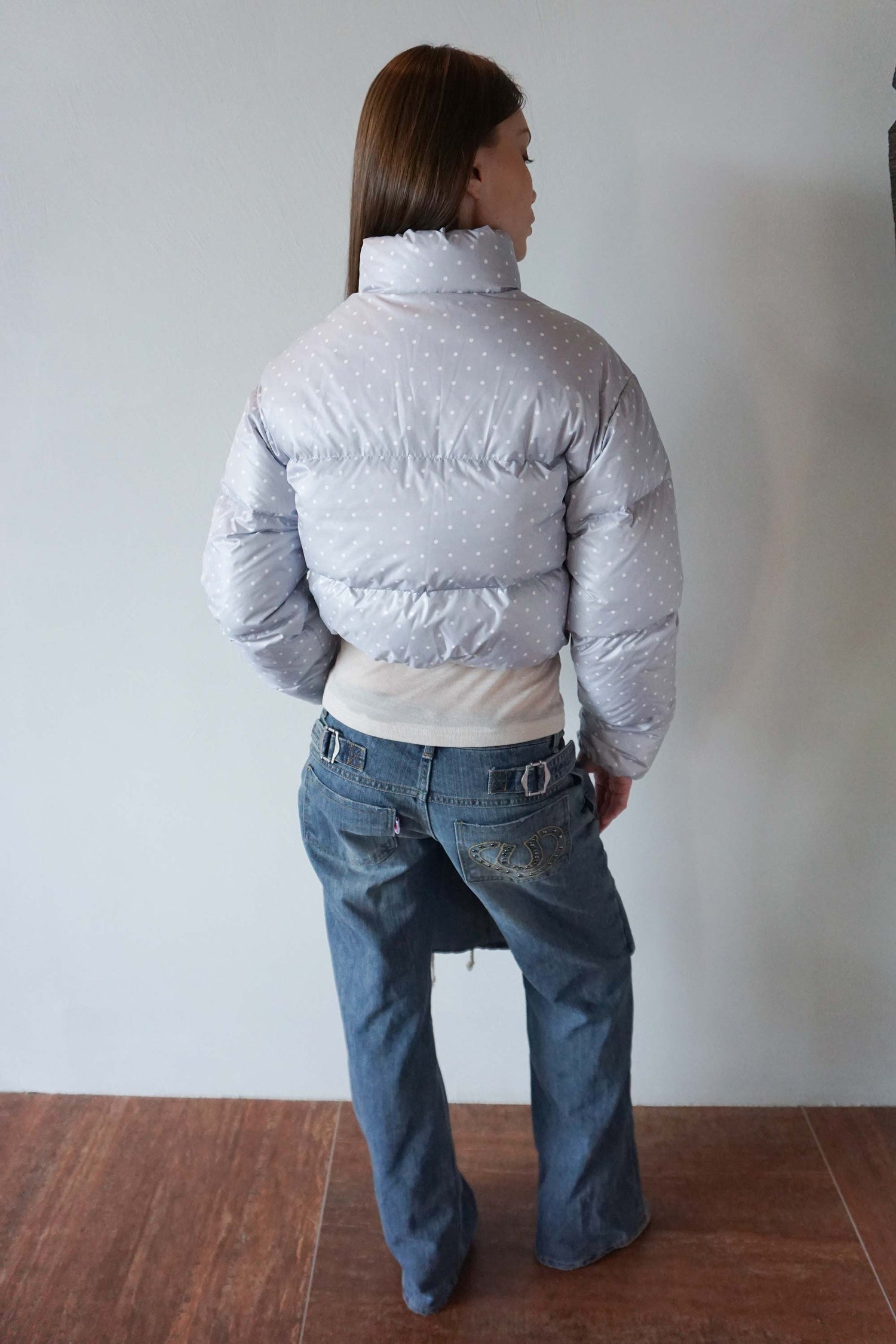 Polka Cropped Puffer Down Baby Blue