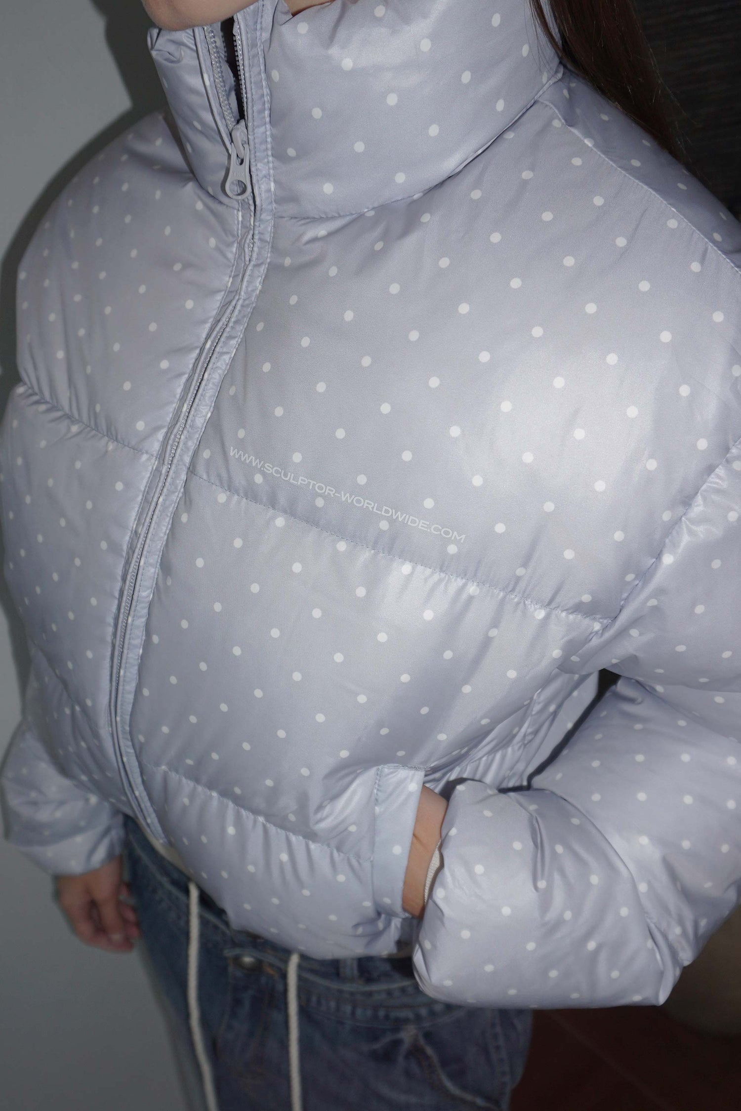 Polka Cropped Puffer Down Baby Blue