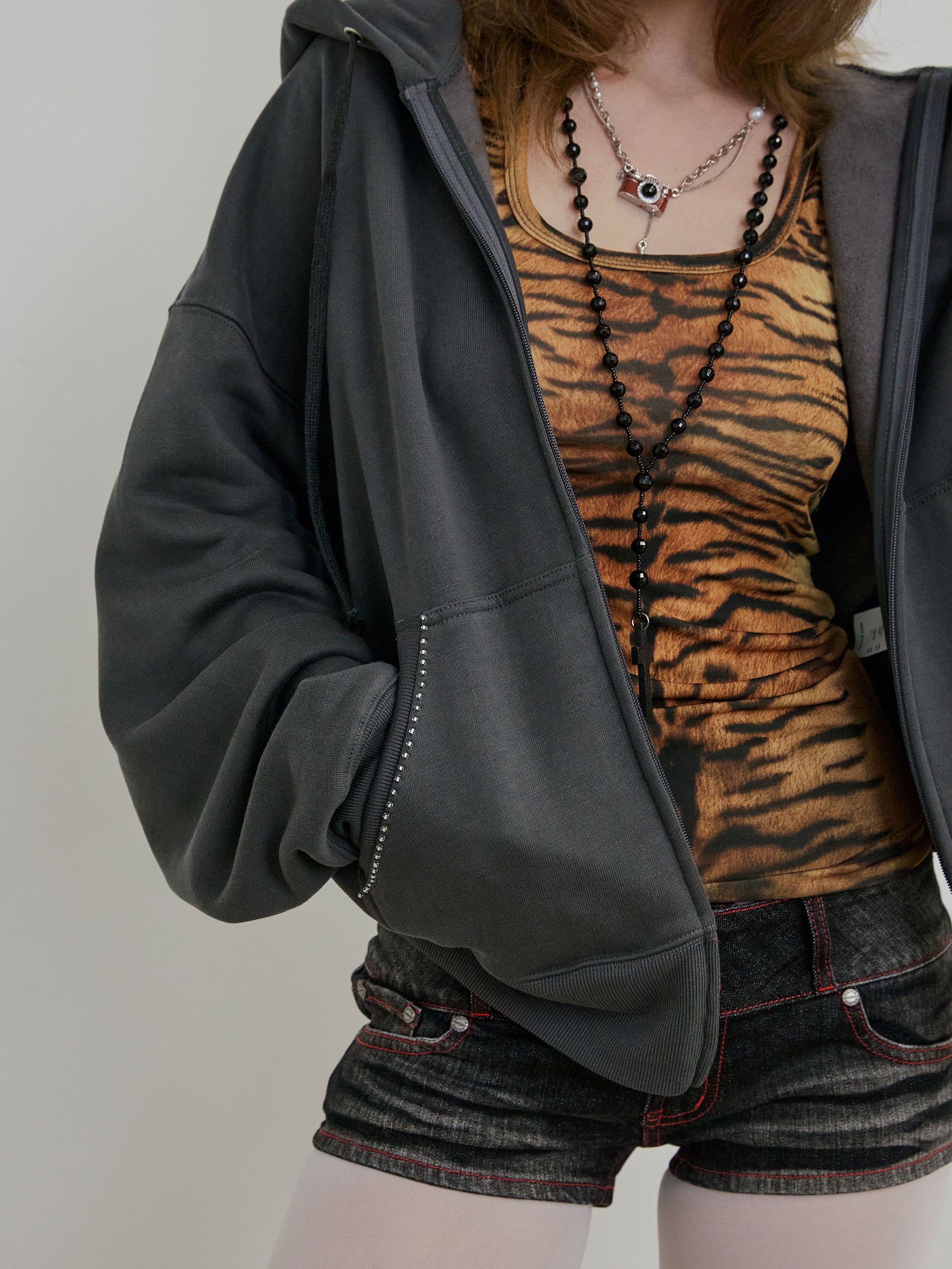 Beaded Saint Hoodie Zip-Up Charcoal – Sculptor