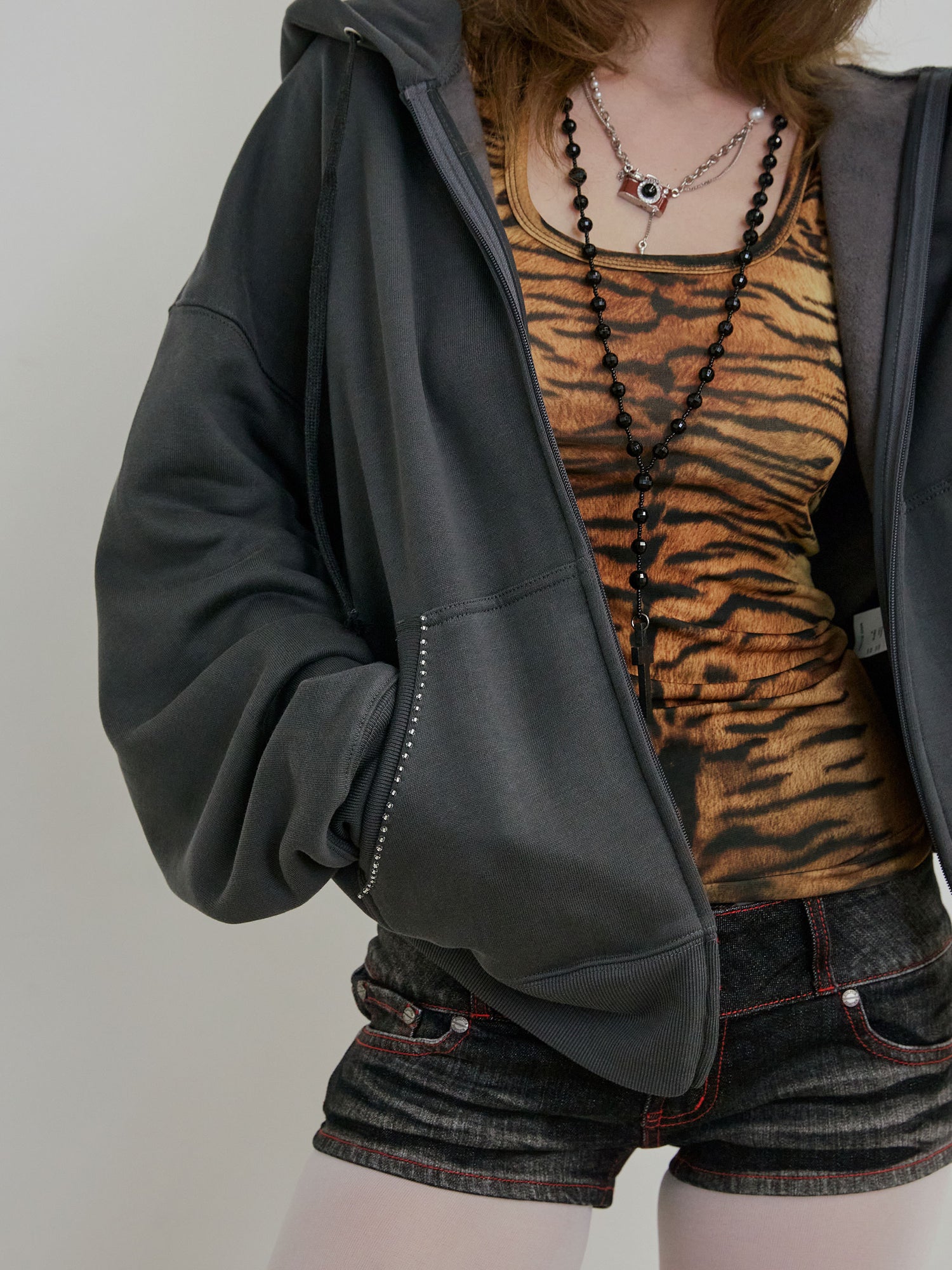 Beaded Saint Hoodie Zip-Up Charcoal