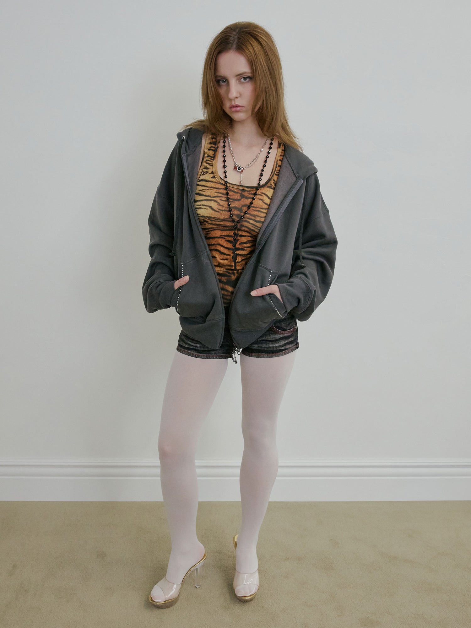 Beaded Saint Hoodie Zip-Up Charcoal