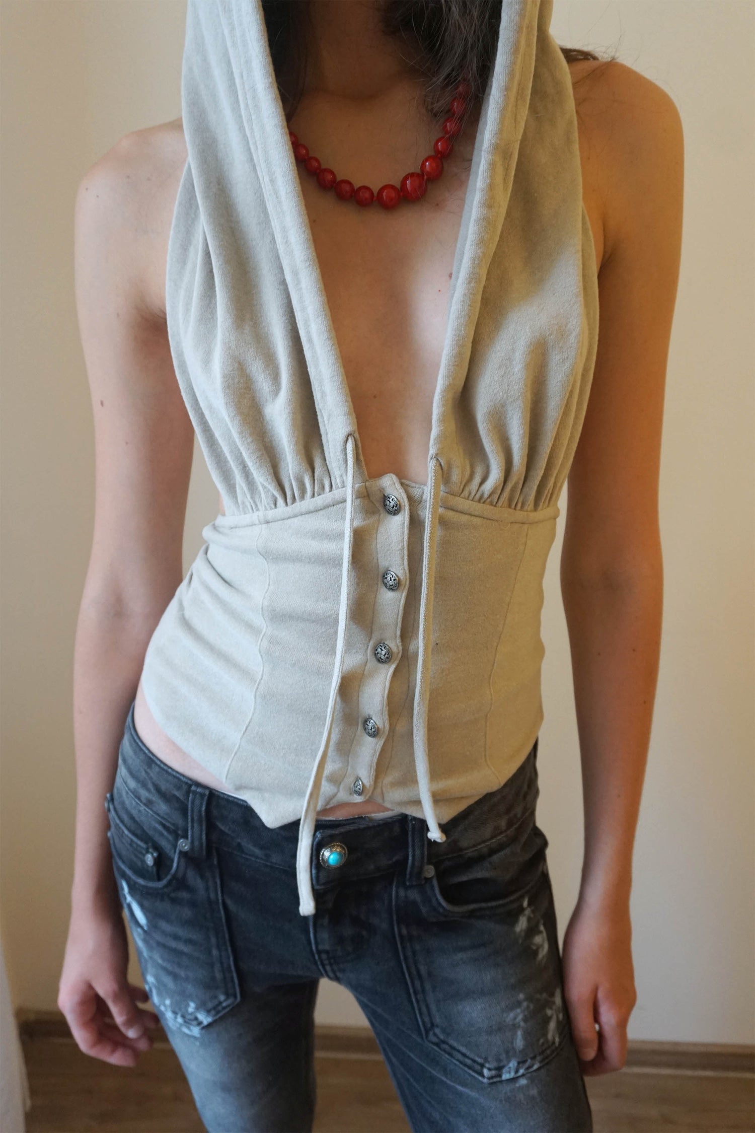 Classic Sleeveless Hoodie Beige